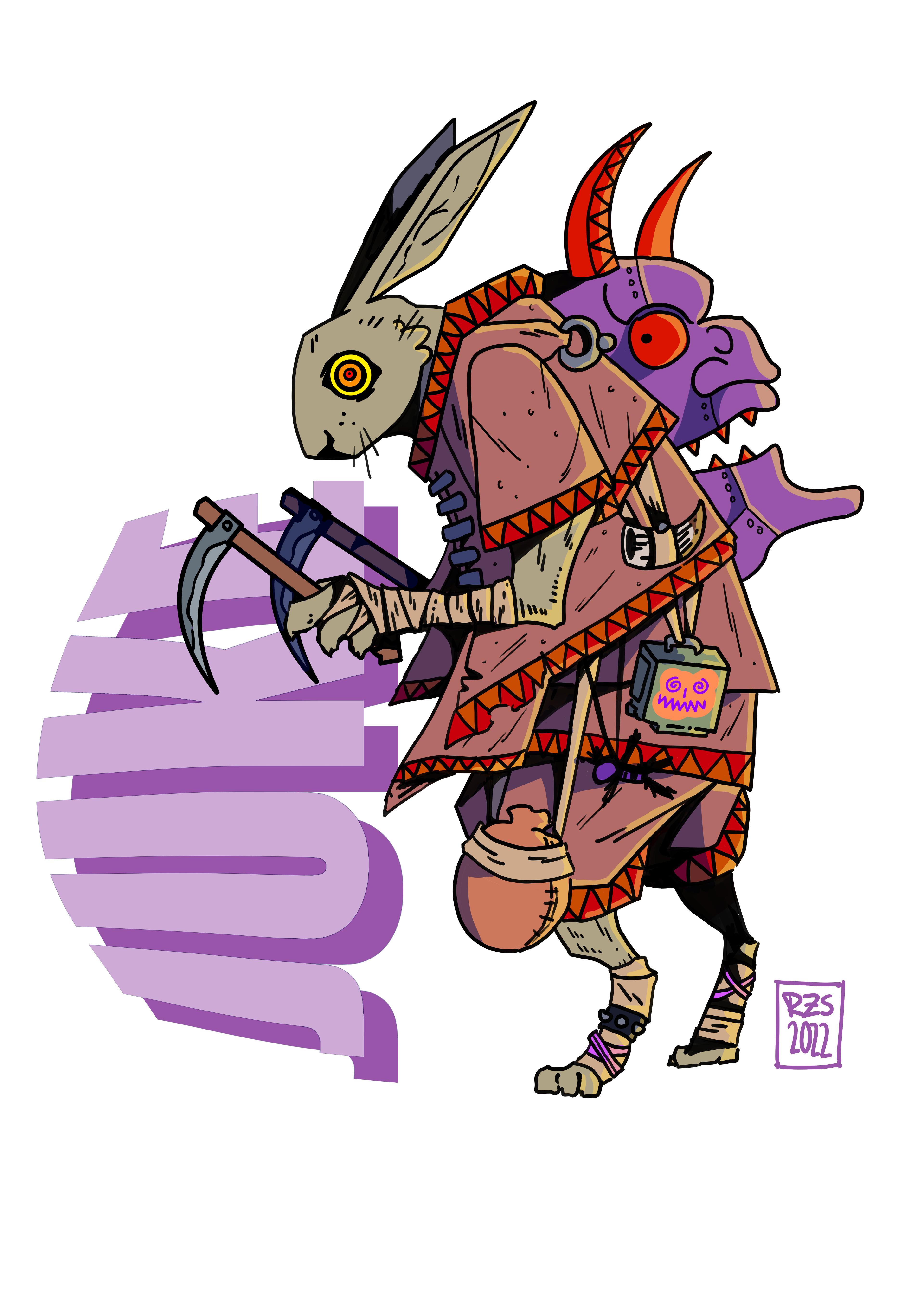 Juke. A mad prophet from the outer canyons. This Slayer's power comes from the forbidden truths whispered by the Purple Demon on his back. Juke can hear any enemy approach, but is cursed with hearing the insane secrets of the universe.