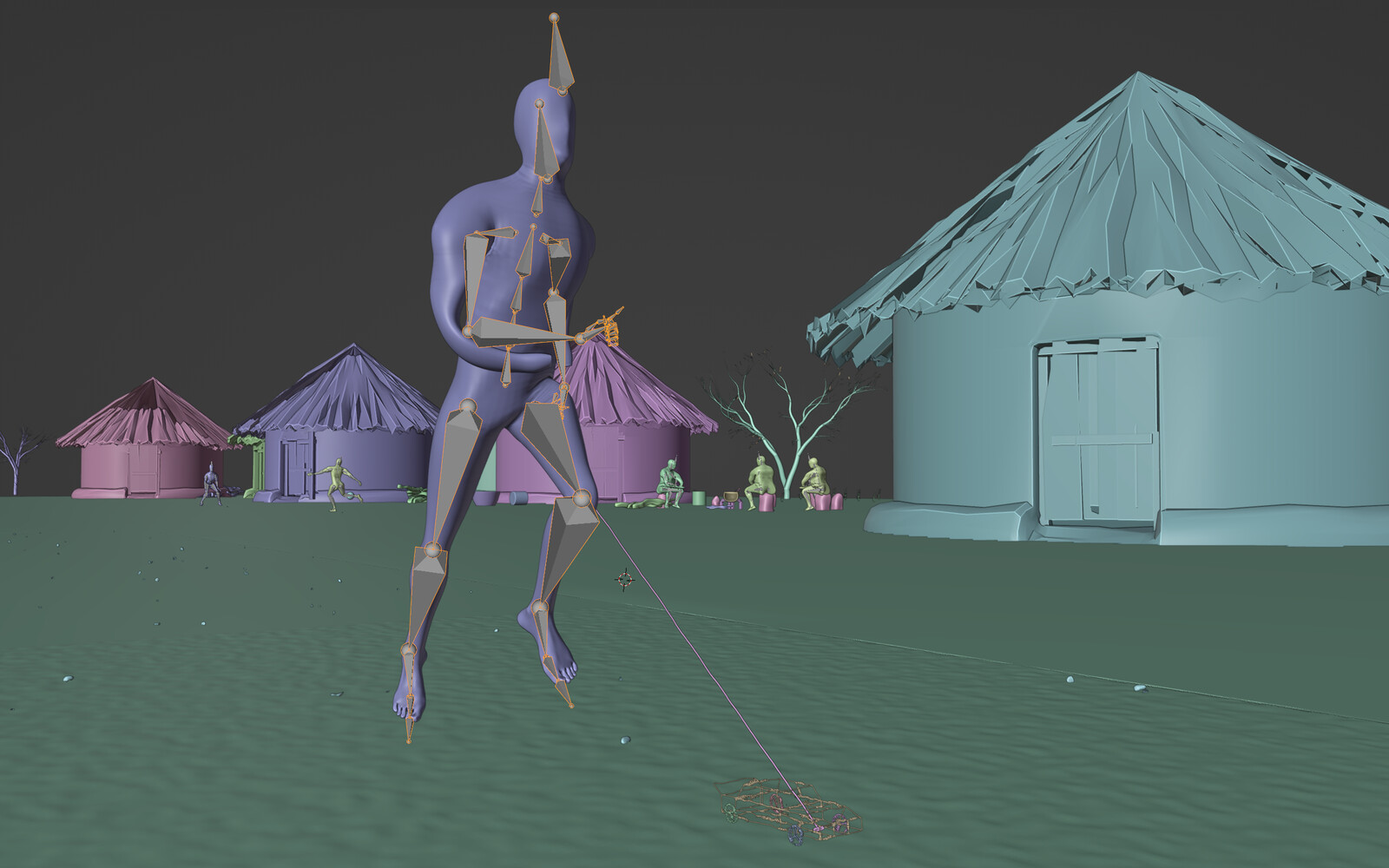 The running kid animation, as well as the two football players in the background, were downloaded from mixamo.com and linked to my models. 
I didn't bother with the top of the body since only his feet mattered in this scene.