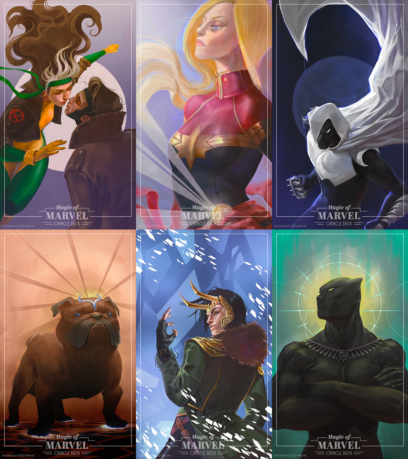 Rogue and Gambit, Captain Marvel, Moon Knigth, Lockjaw, Loki and Black Panther