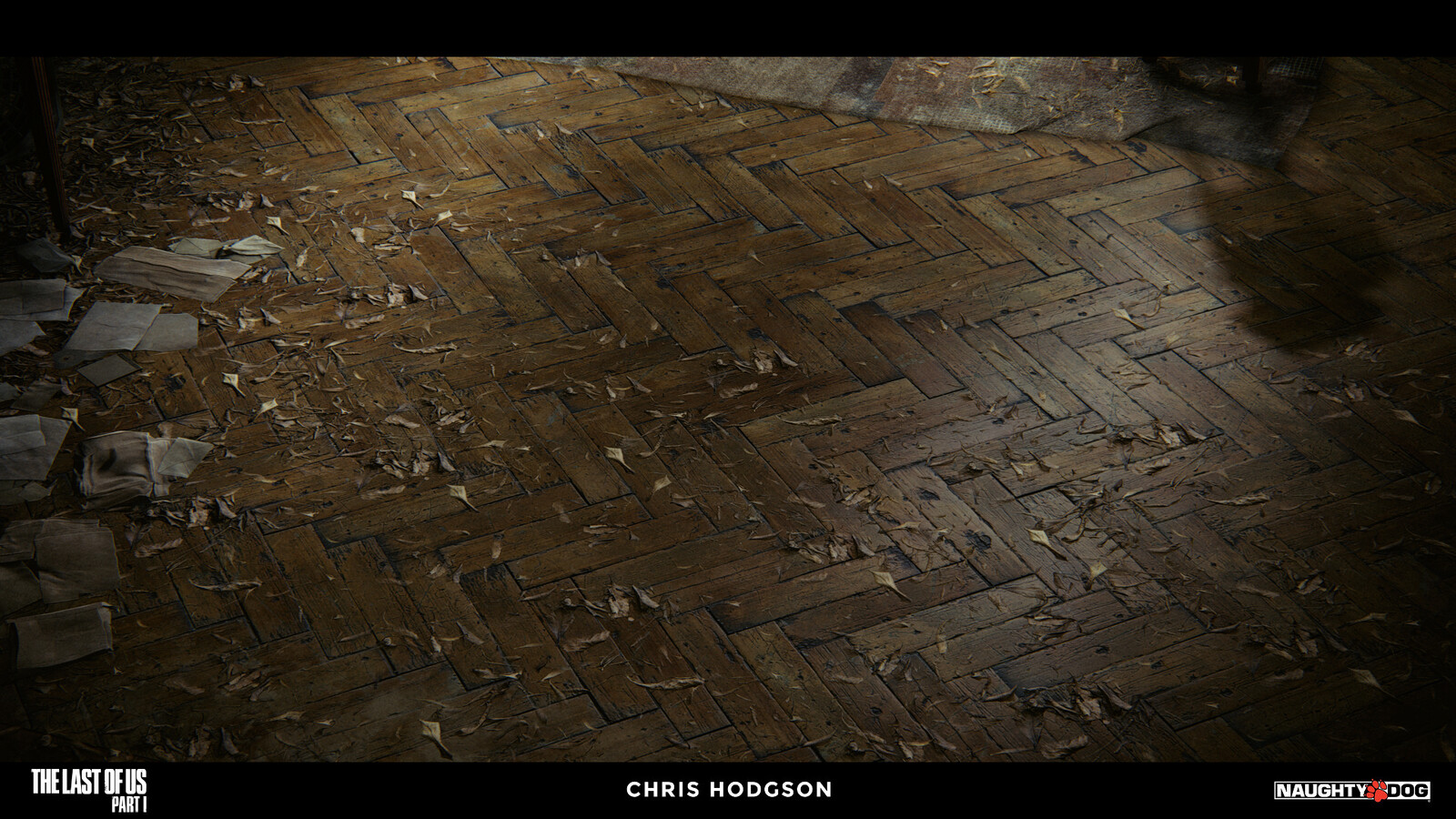 I created this old herringbone wooden floor material for the Naughty Dog material library. I am only responsible for creating the source material, not the blending, shader creation, or propping in the screenshot.