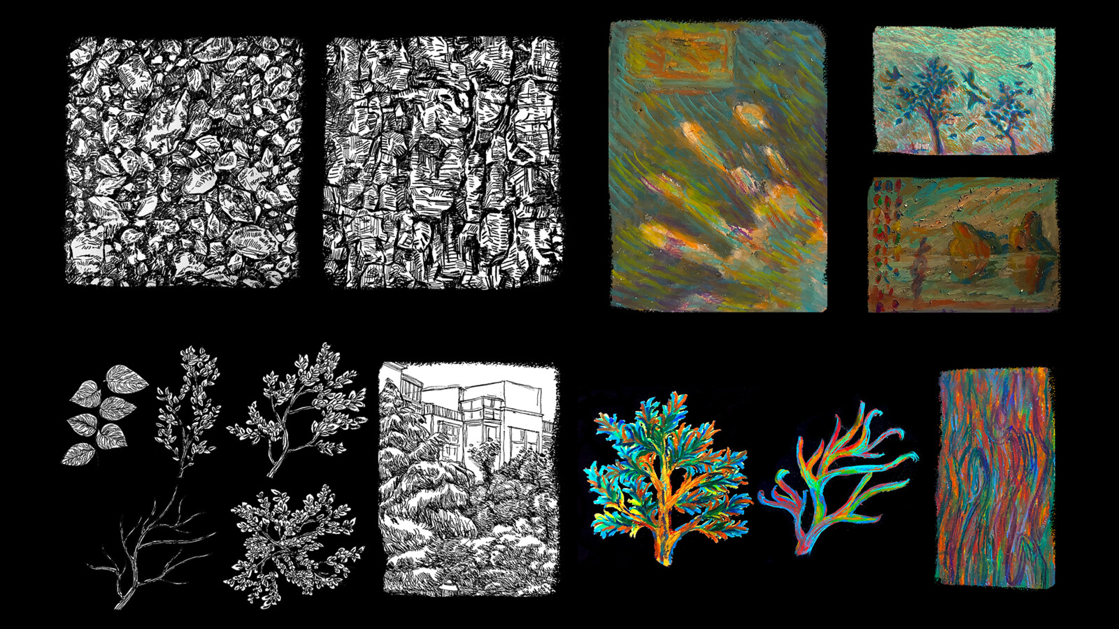 Extract the UV structure of the 3D model and print it, draw the texture with a crayon and apply it back to the 3D model.
Without the use of drawing software, the combination of rough and random pencil lines, oil painting colors, and regular modeling creat