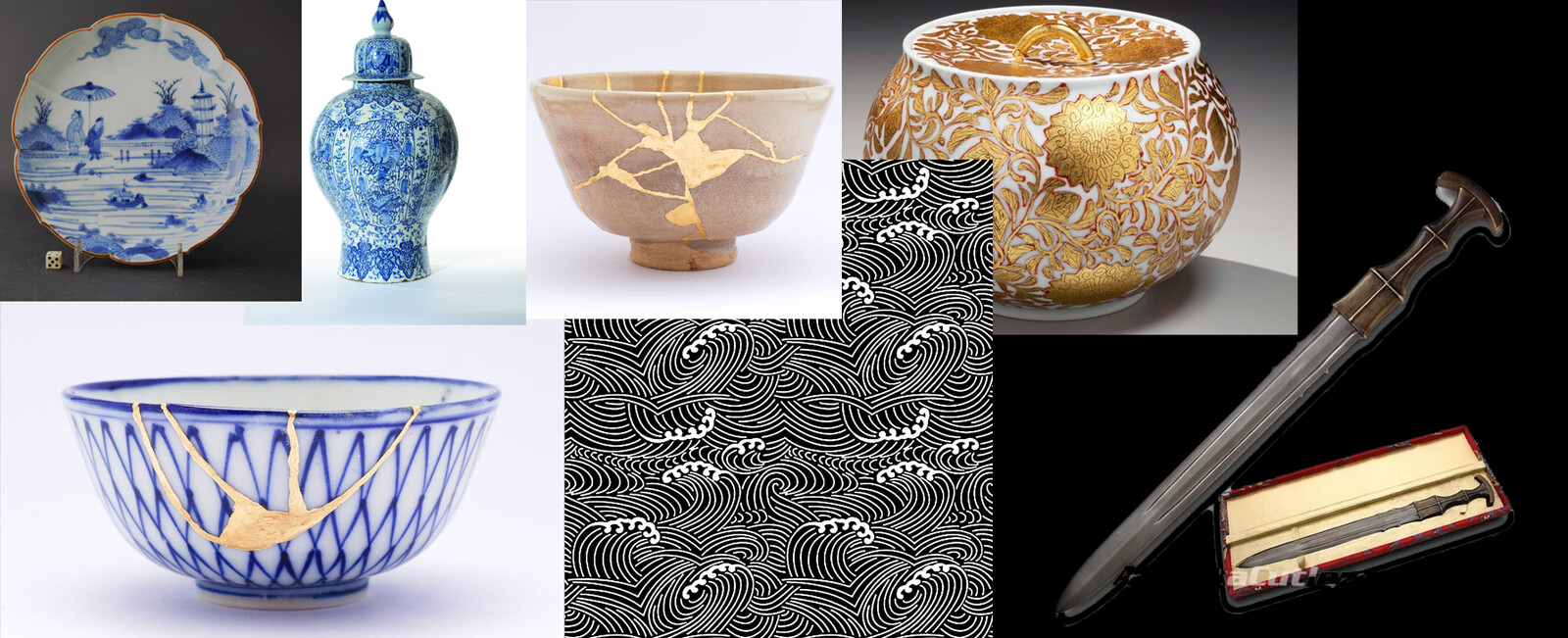 reference images including japanese/dutch delftware, kintsugi, painted gold leaf, and a replica of the sword I was aiming to reproduce