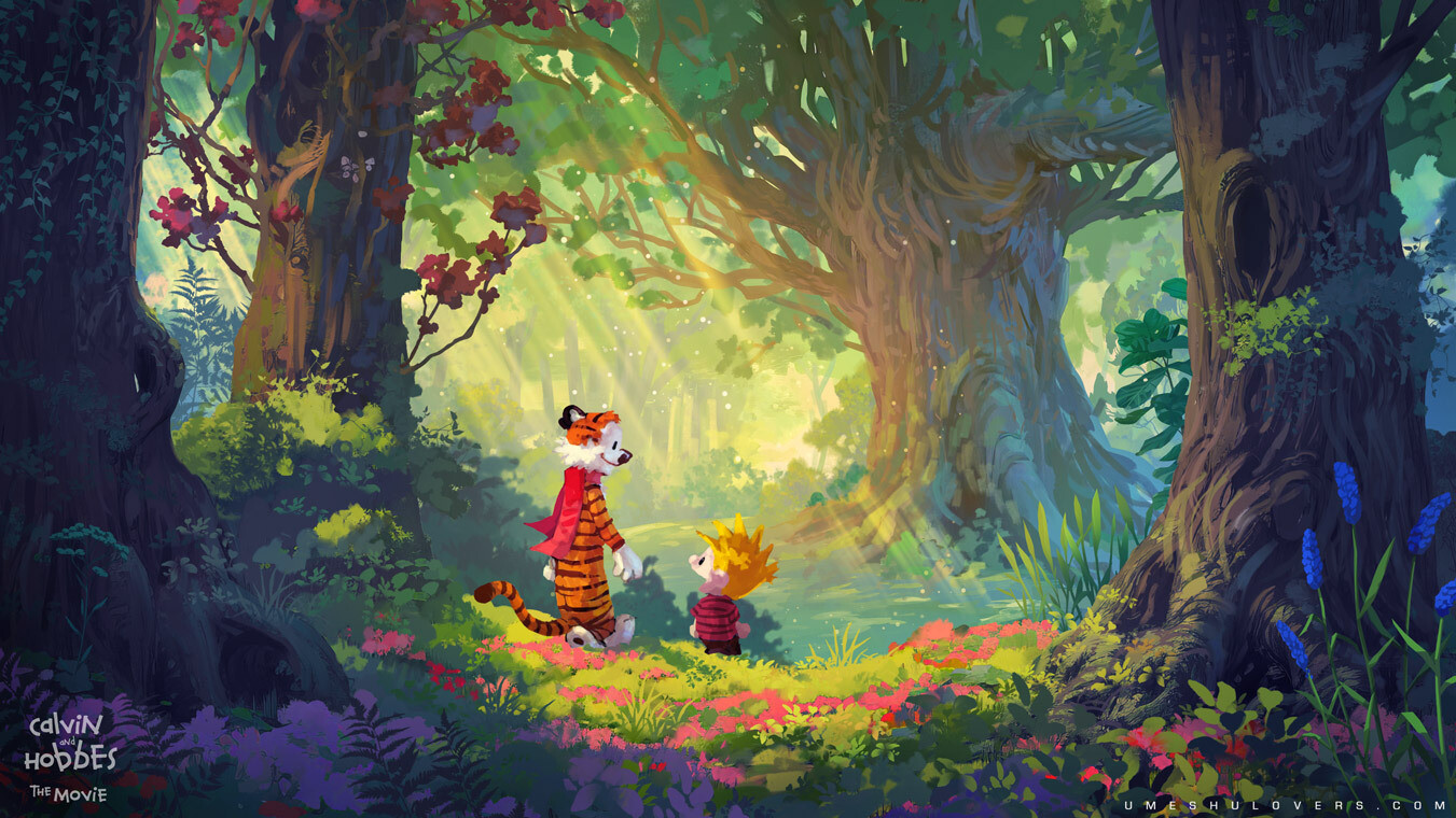 Calvin and hobbes in a lush forest
