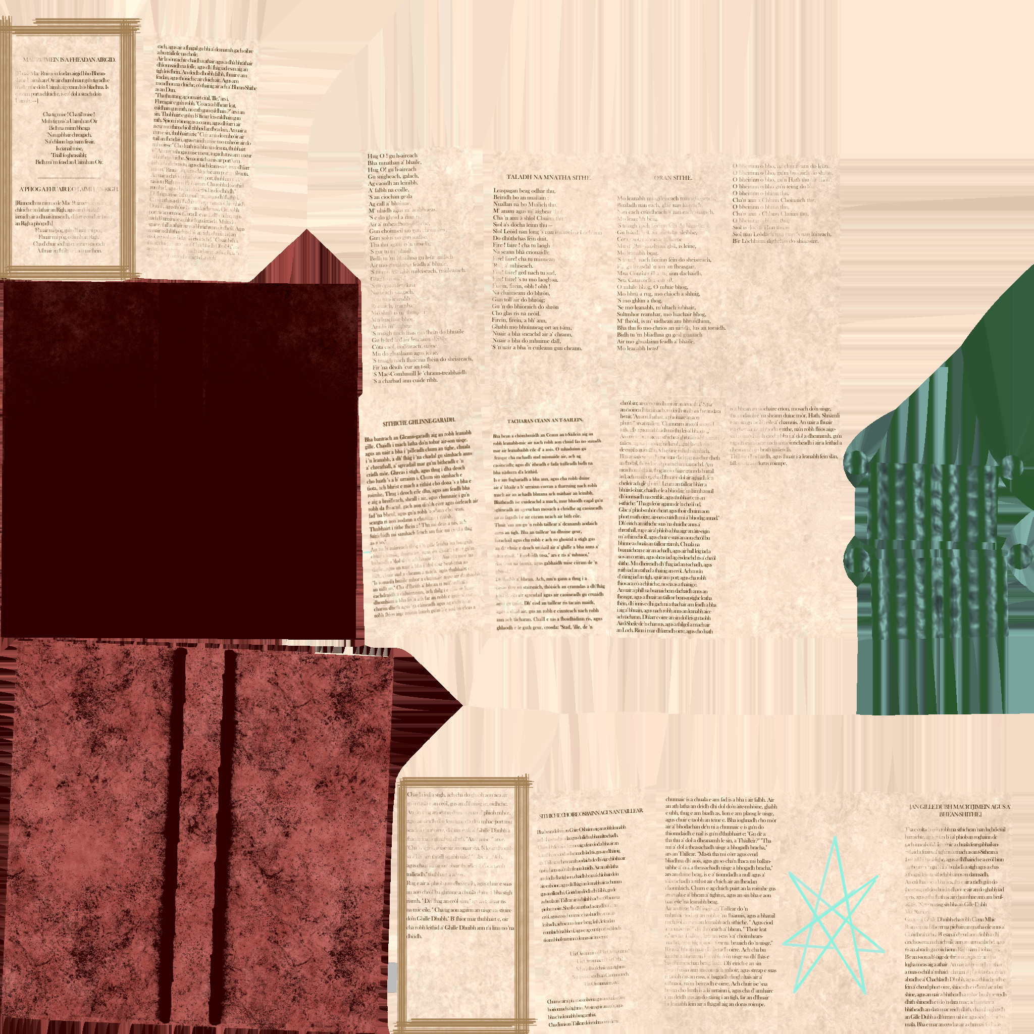 Texture example, including small details such as fairytales as Gaeilge on each page.