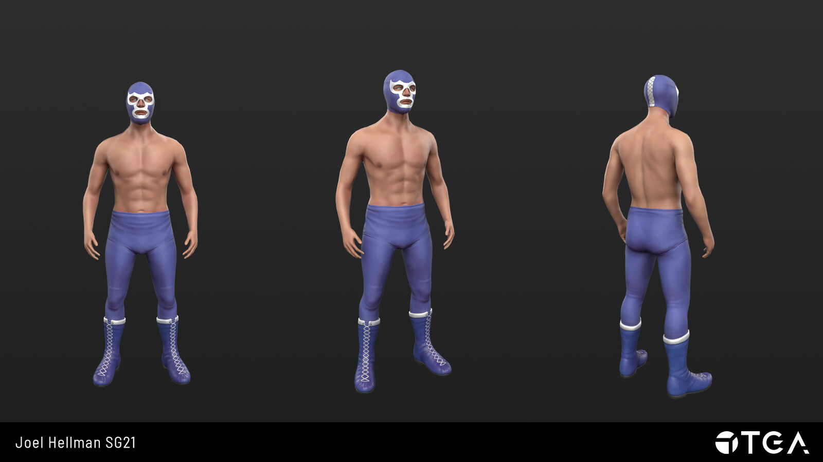 This piece was made in two stages, first we did an anatomy study and body sculpt. And in the second stage we created an outfit for it. I wanted to do a luchador and used Demonio Azul as a reference, a famous mexican wrestler. 