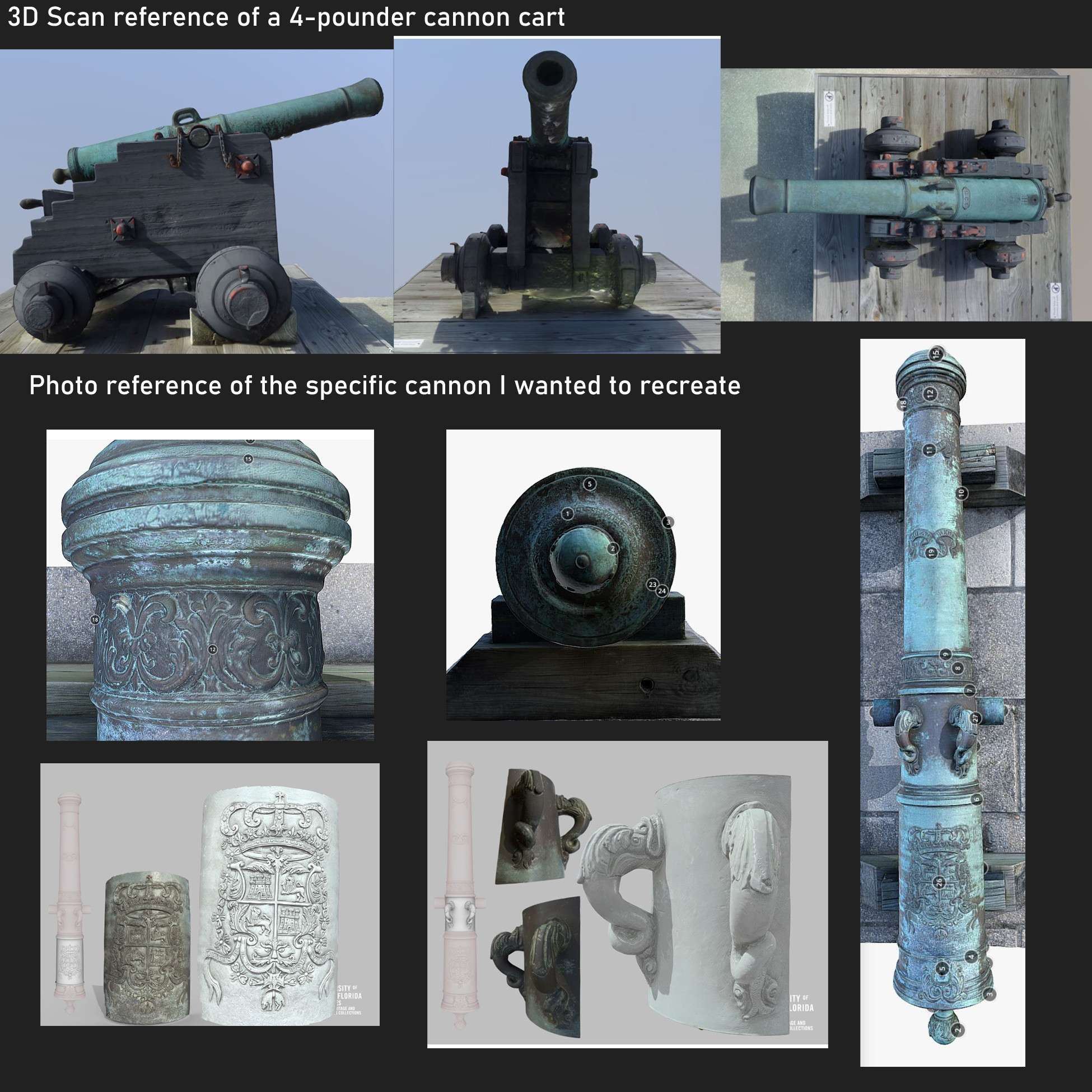 3D scan reference of a contemporary 4-pounder cannon cart and the ornate 18-pounder cannon I wanted to recreate