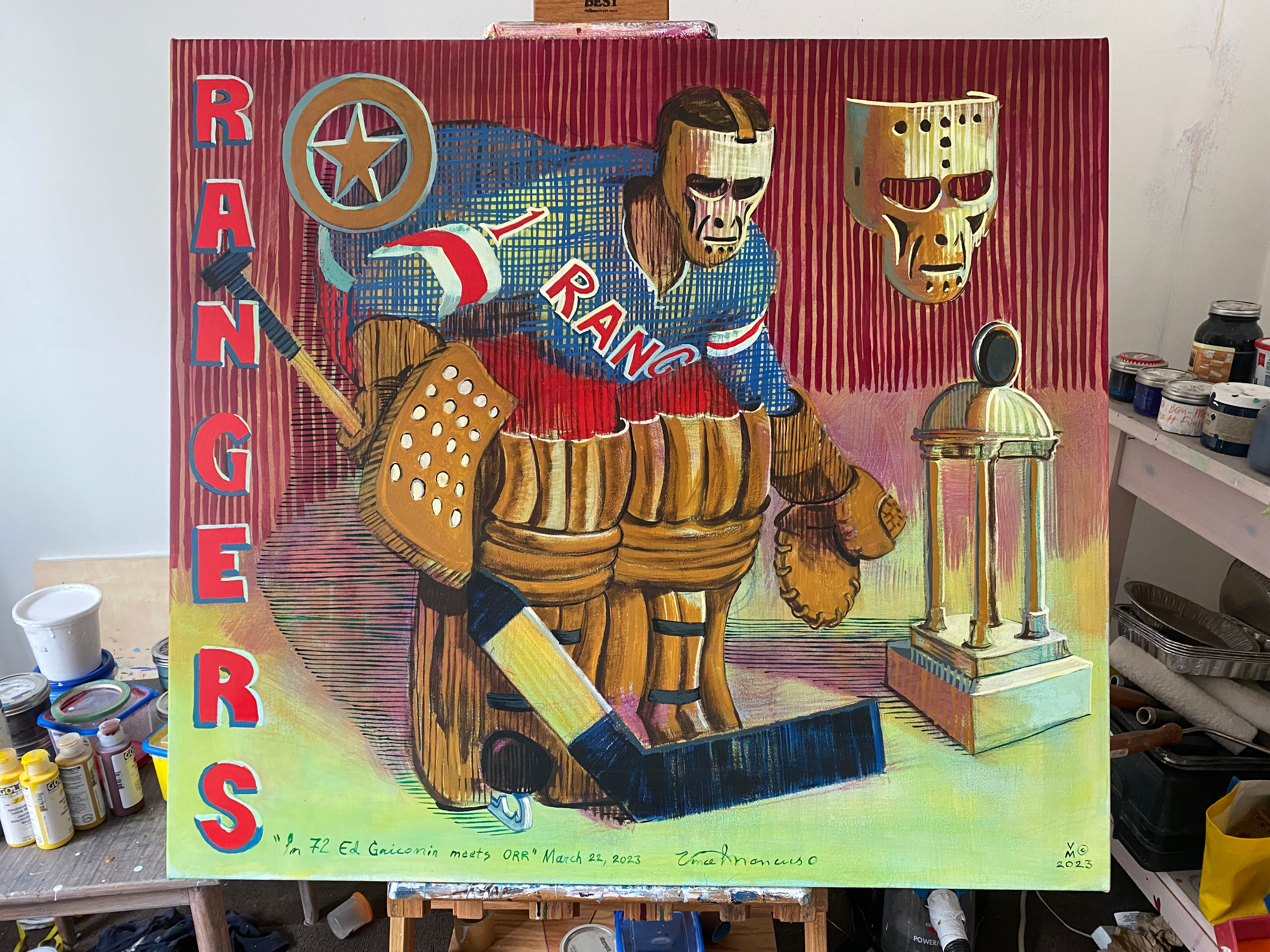 2023, ED GIACOMIN, from the Sacred Goalies series, 36X40 inches, acrylic on canvas.