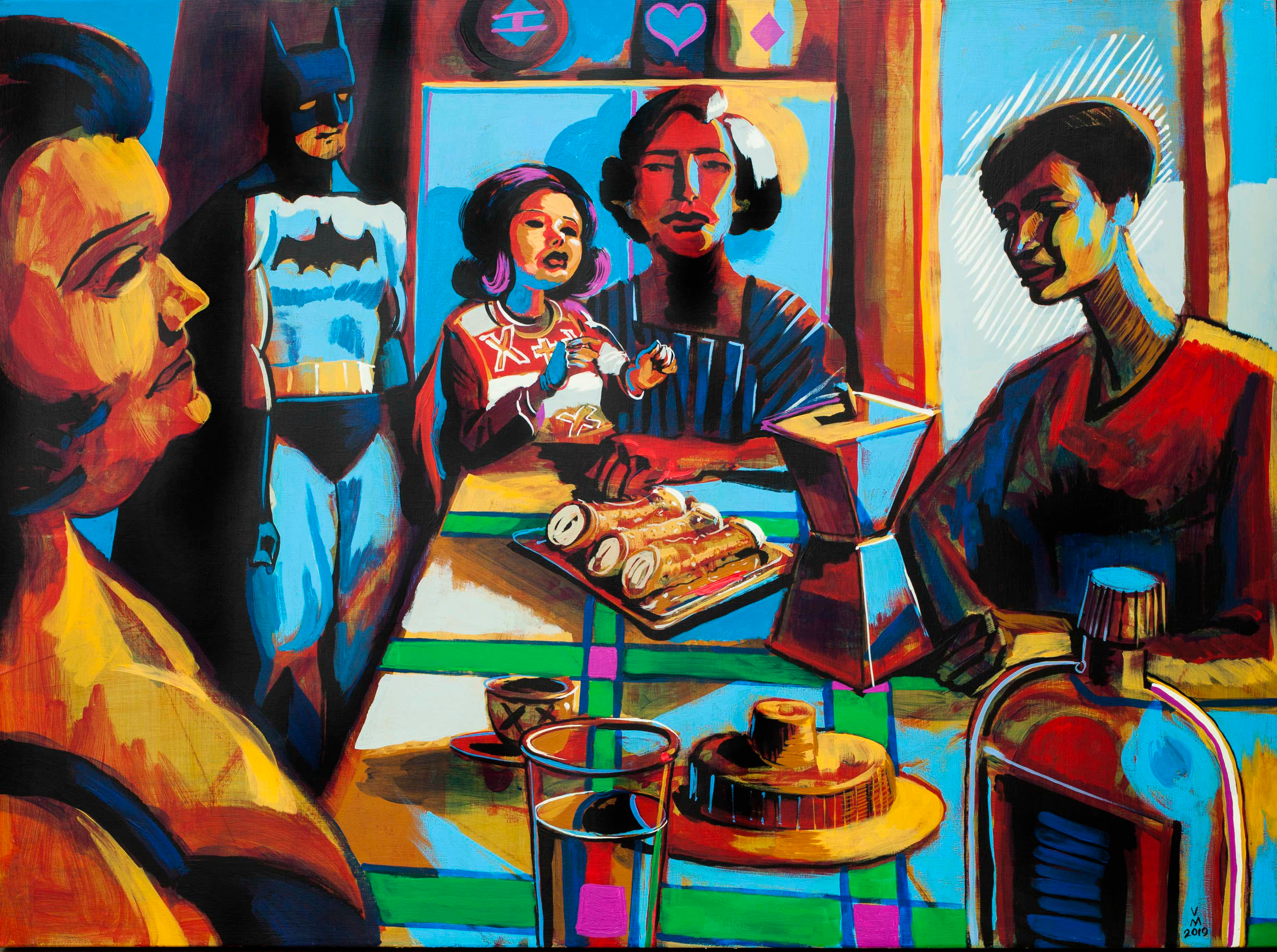 BATMAN LIKES CANNOLI, 34X40  inches, acrylic on canvas, 2019.