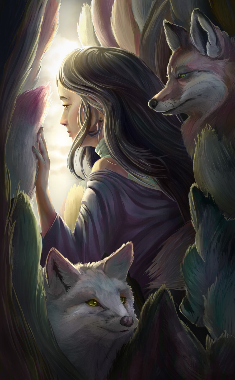 An illustration I was commissioned to do by Galaxy Press for their writers of the future volume 39. It is based on a short story in the volume, "Kitsune" by Devon Bohm, which is about mysterious disappearances and the return of an extinct species.