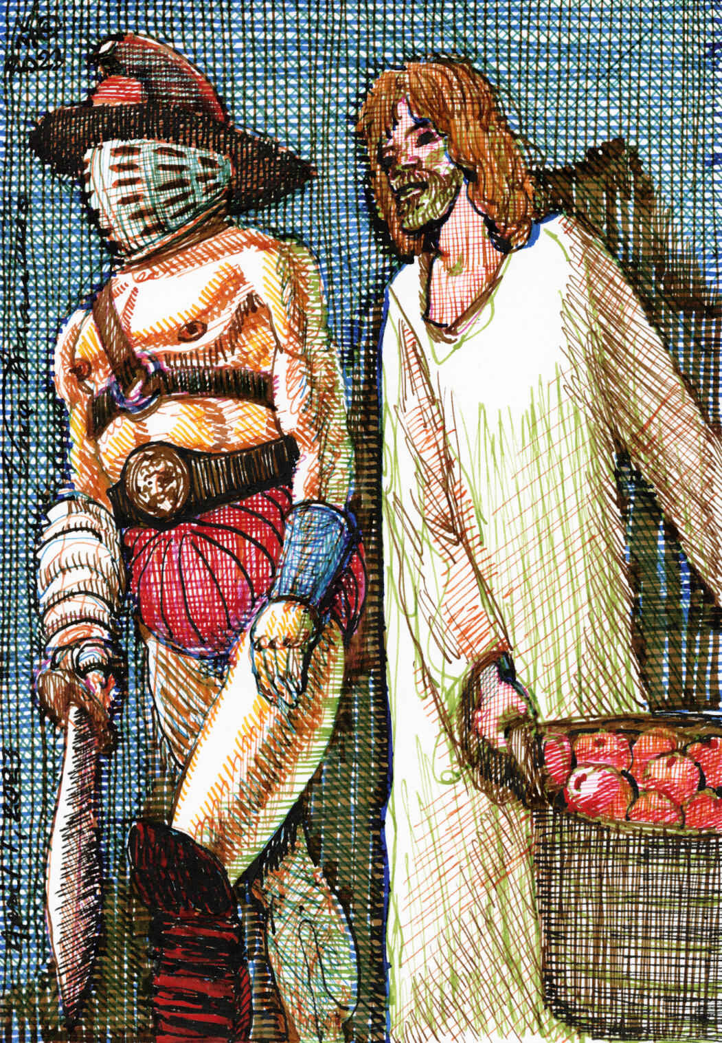 SPARTACUS AND JESUS SPRING CLEANING, 7X10 Inches, pen and ink and watercolour on archival paper, 2023.