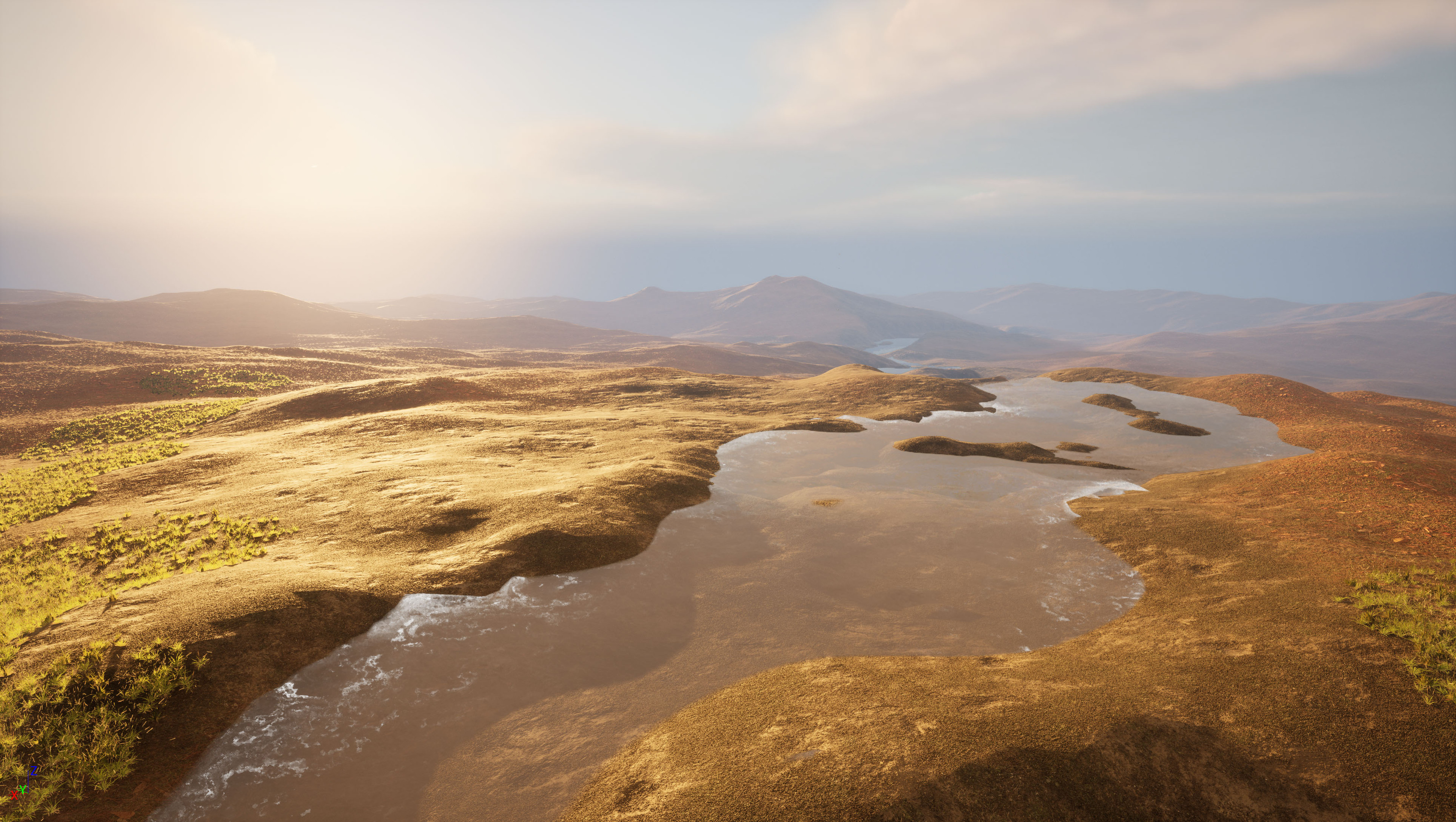 Unreal Engine 5 river in game view with some Megascans foliage