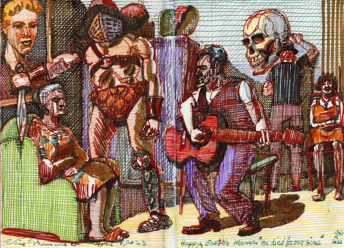 APRIL 7, 2023. Easter with the Mancuso family. Double page spread from a  8X12 inch sketchbook. Done with a selection of fountain pen inks and pens.