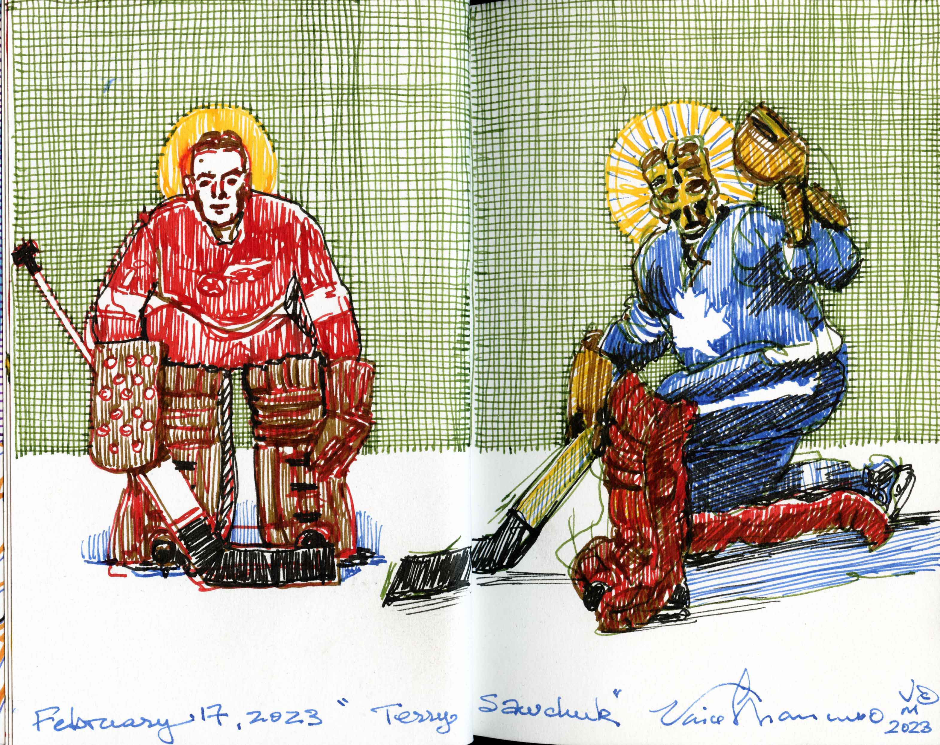 FEBRUARY 17, 2023. Size is 6X9 inches. Sacred Goalies studies in fountain ink.