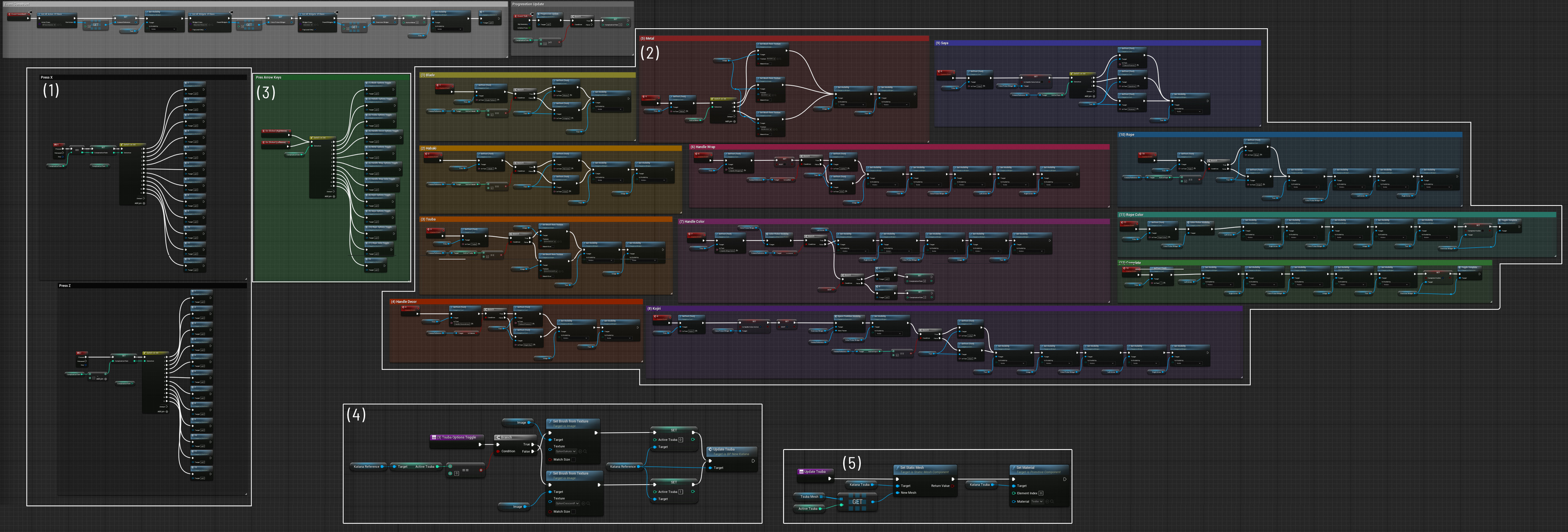 This is a very zoomed-out overview of the largest blueprint in the project. It handles most of the transitions between all the different options available in the Katana Customization menu. 