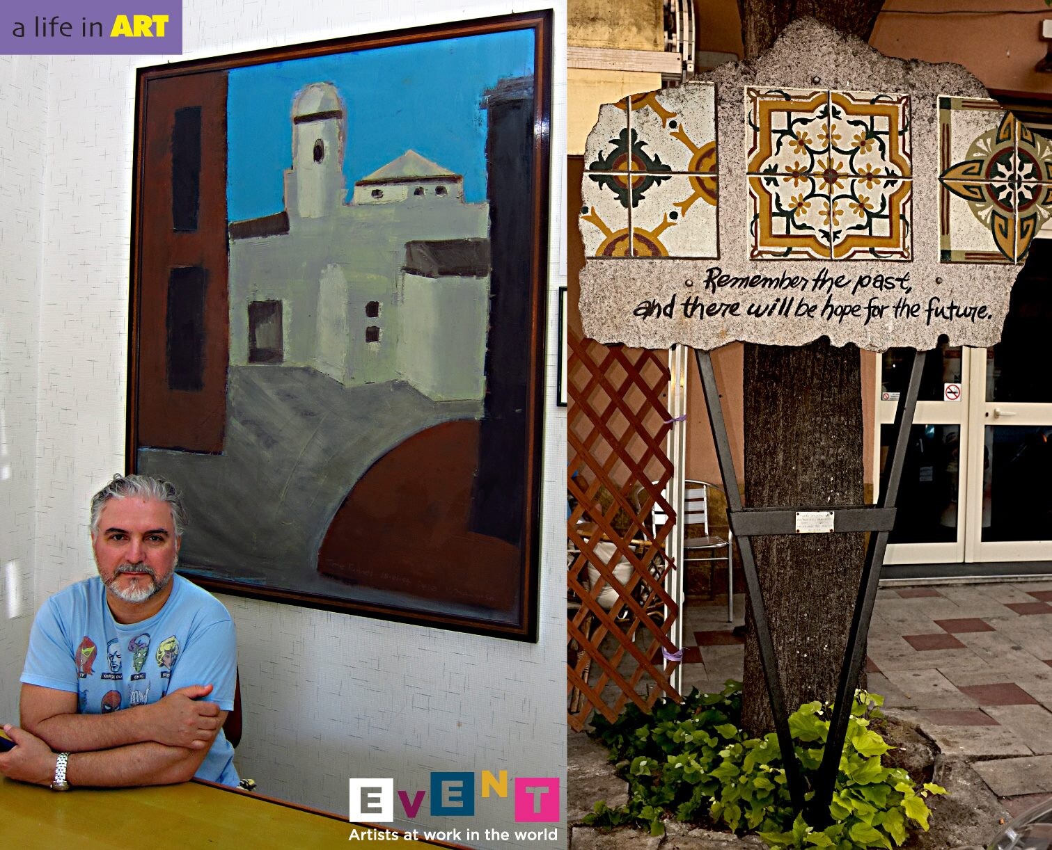 2013, In Italy at the corporate office of art collector Aldo Bancheri with my painting DELIA and a photo of the public sculpture I created in 1992, 20 years later during our Sicilian tour in 2013.