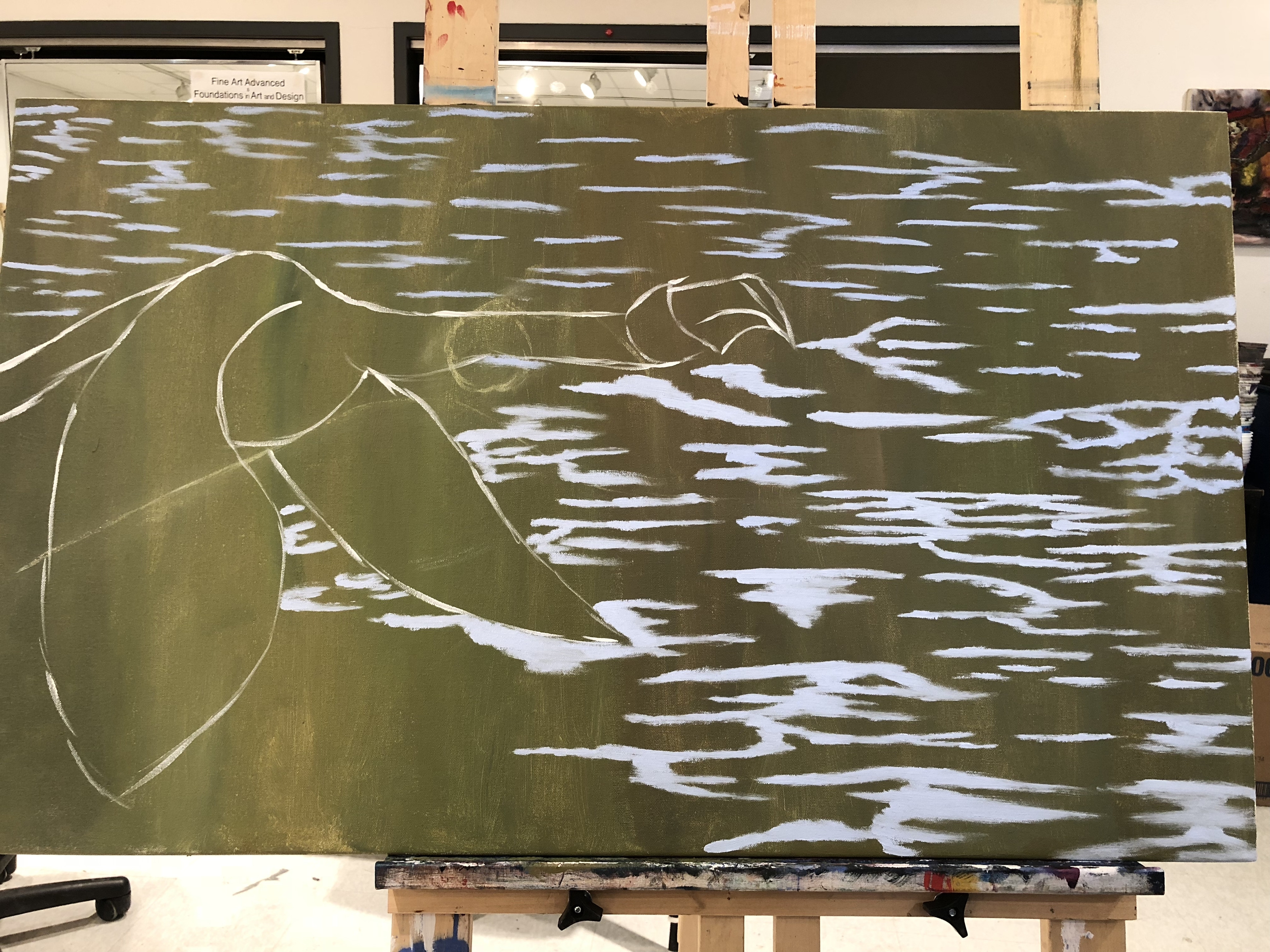 A rough outline of where I wanted the flamingo on the canvas and block ins of the water.