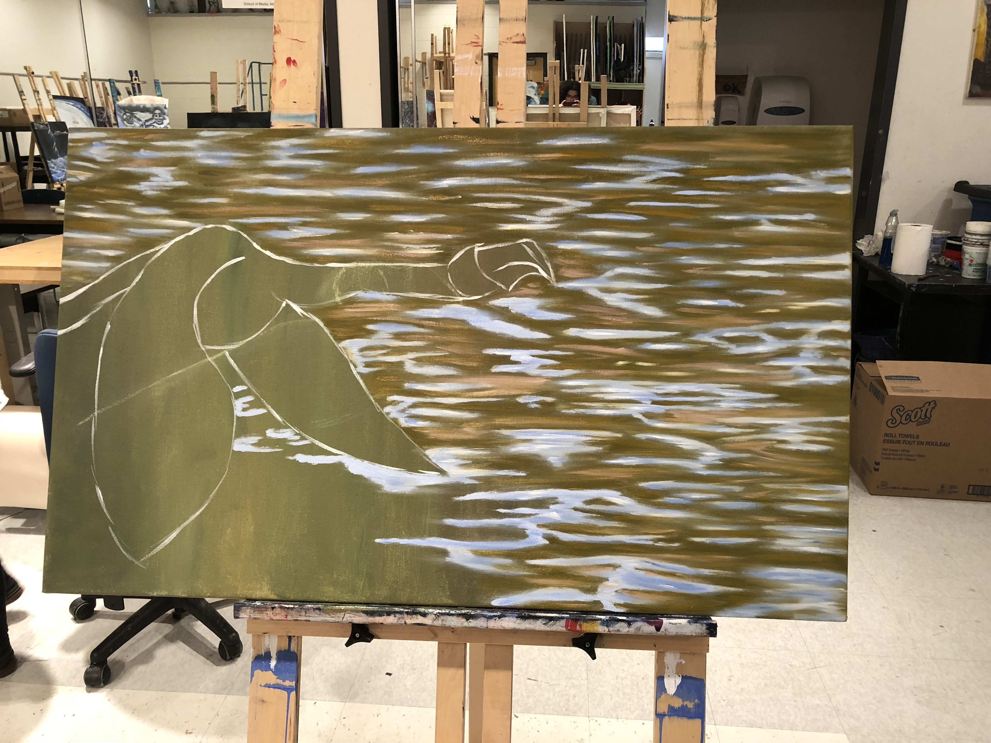 Adding more reflection to the water using lighter blues, pinks and a lighter green.