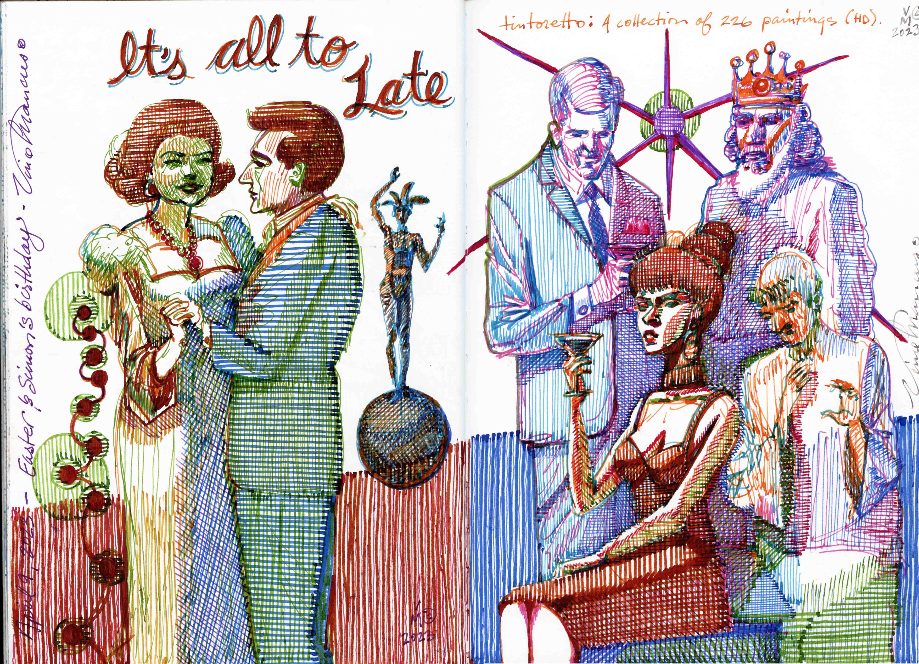 APRIL 9, 2023. Easter with the Mancuso family. Double page spread from a 8X12 inch sketchbook. Done with a selection of fountain pen inks and pens.