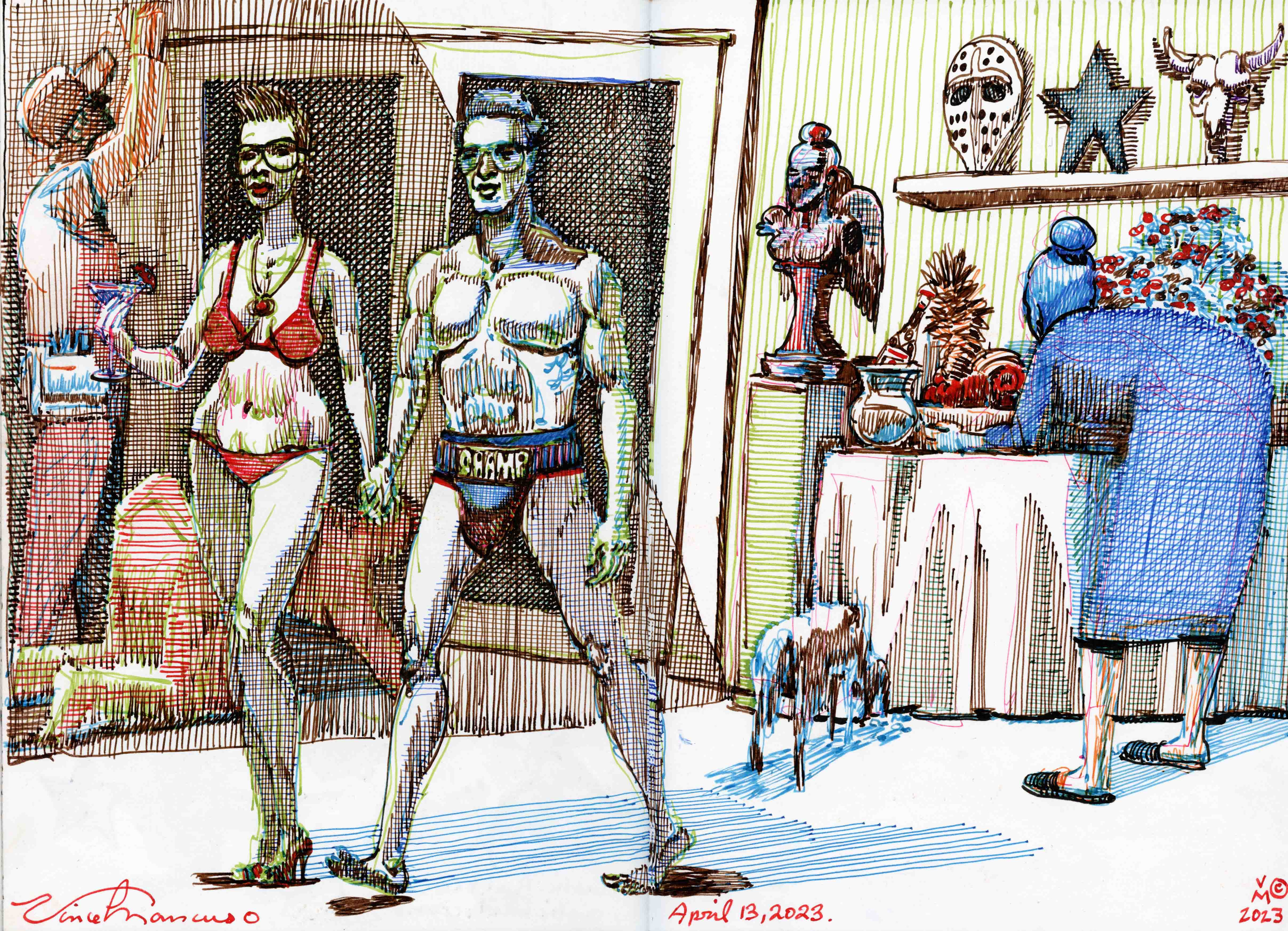 APRIL 13, 2023. Easter with the Mancuso family. Double page spread from a 8X12 inch sketchbook. Done with a selection of fountain pen inks and pens.