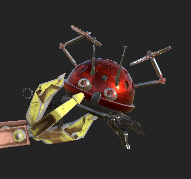 Detail of Ladybug Droid in Substance Painter.  The latest version is less metallic in order to show up better in the final scene, but I still love this look.