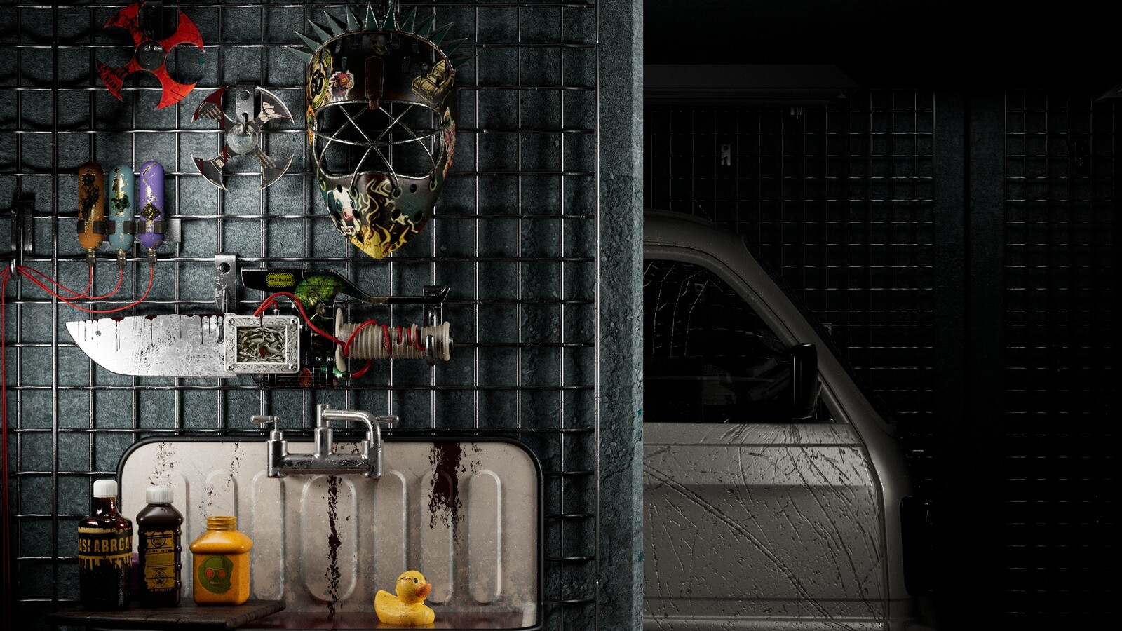 considering continuing the scene with a back room where I could design some sort of car for zombie crushing