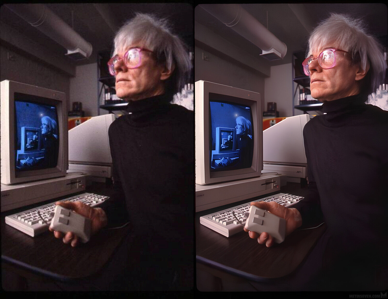 Andy Warhol holding a mouse next to an Amiga 1000 with a tilted monitor, around its public introduction in July 1985. Such a magical time of the digital revolution. ❤️