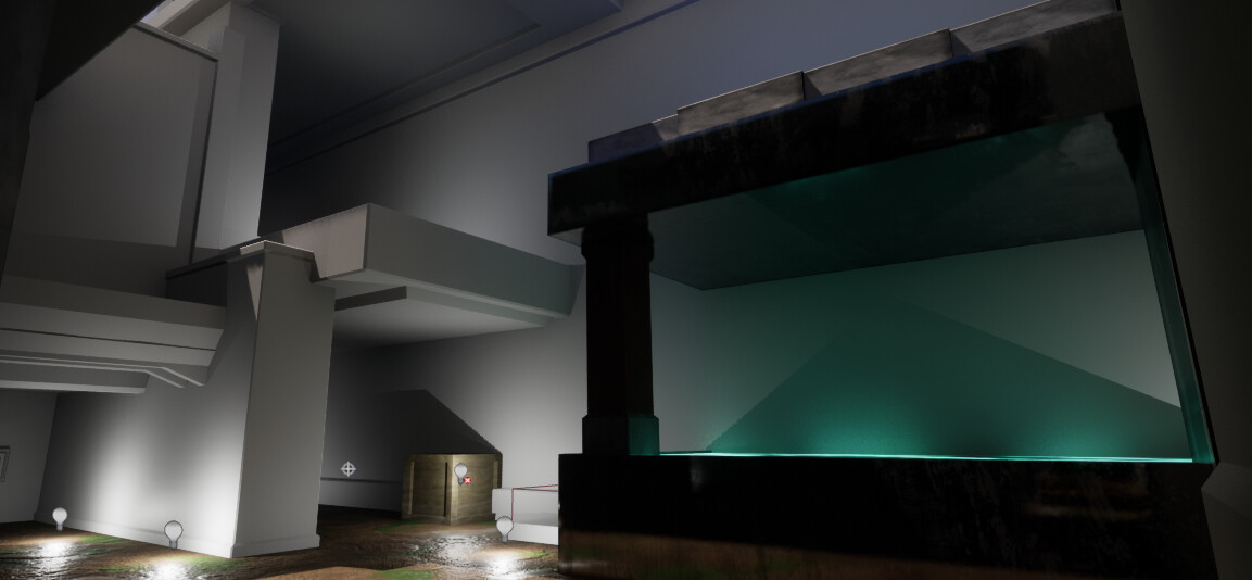 Attacker spawn looking at the little room and rising platform without textures