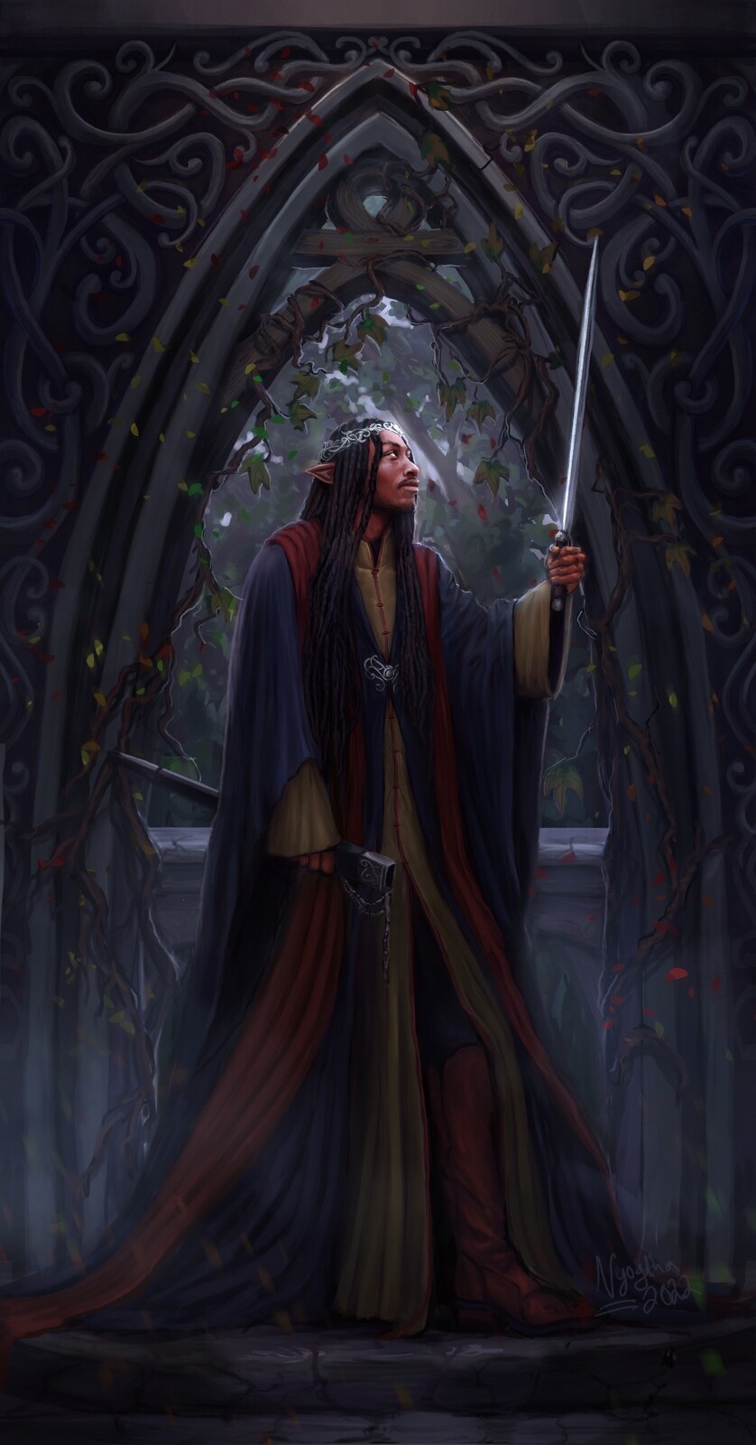 An elf with dreadlocks looks at his sword