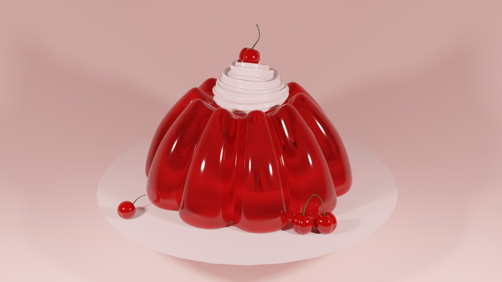 ArtStation Red Jelly with a Cherry and Whipped Cream Pudding 3D in