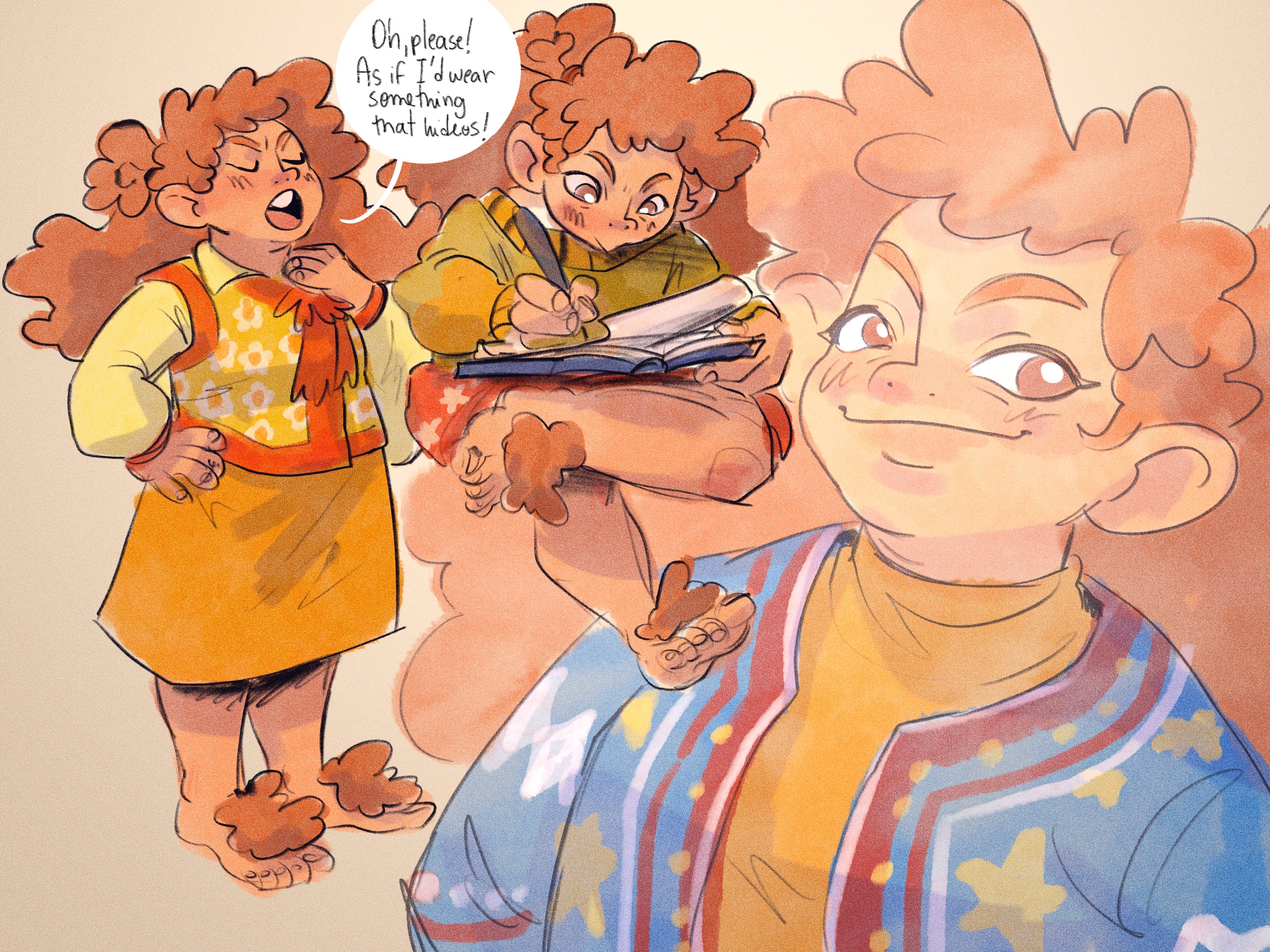 Petunia is a fashion designer hobbit, my inspiration for her was "what would hobbit fashion look like if it was inspired by the 70s?" She's a very "modern" hobbit to makes her own clothes 