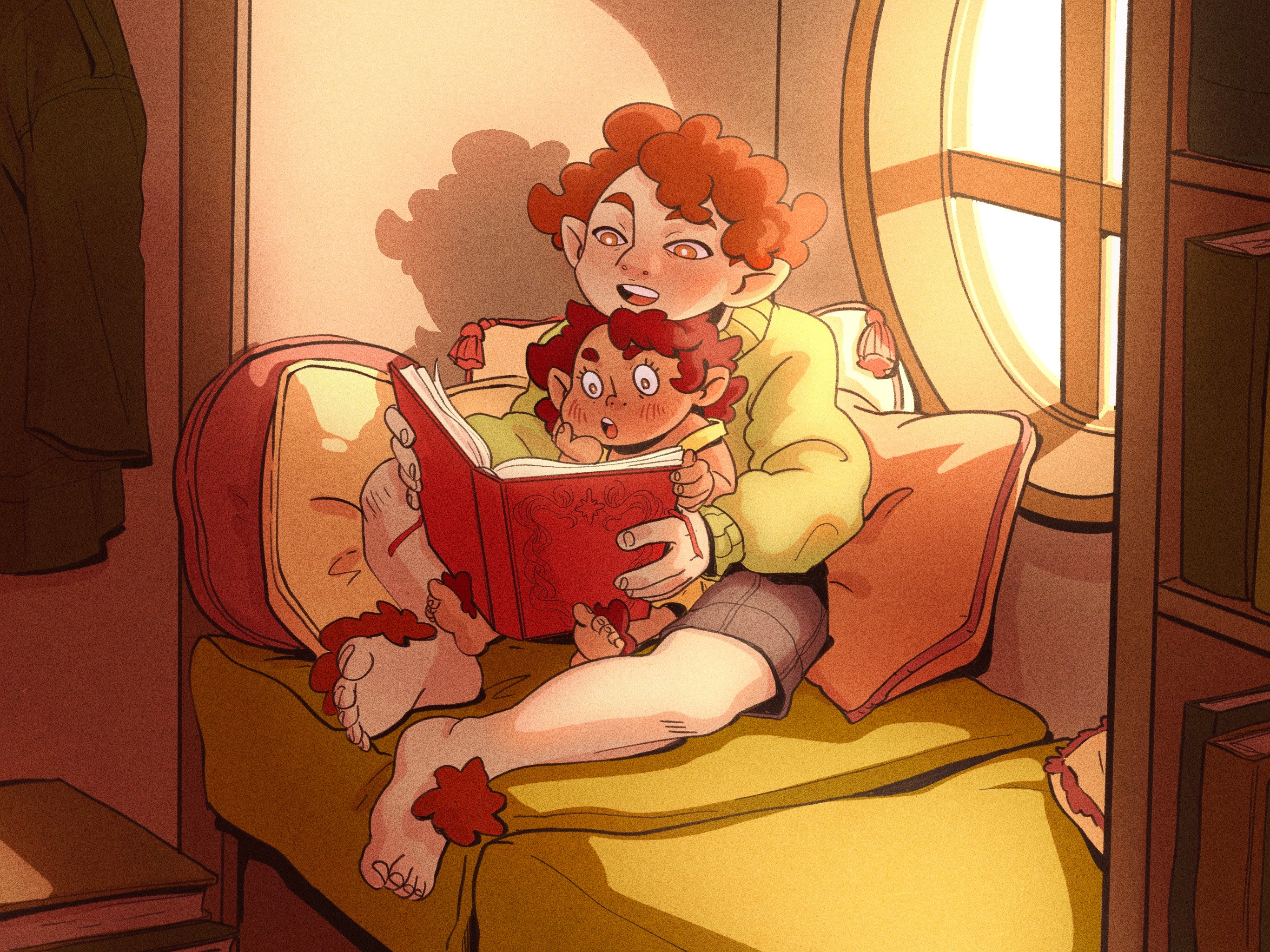 Magnolia is a very curious hobbit and she loves hearing stories about distant lands and cultures. Florian simply loves books, so he doesn't mind reading adventure books for his baby sister.