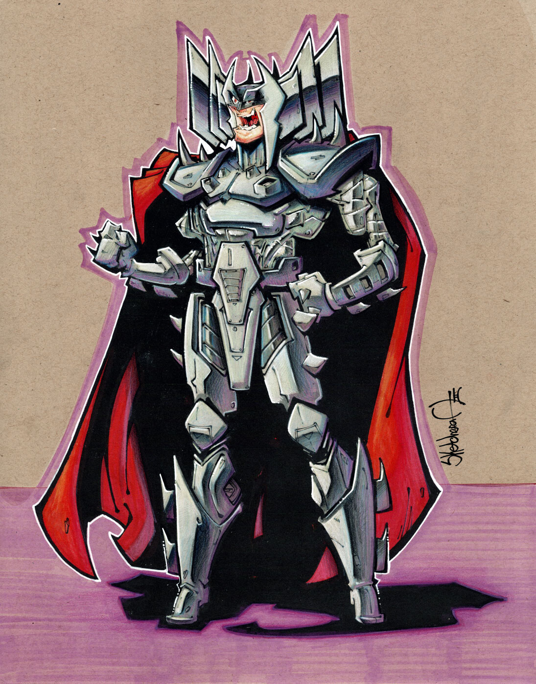 Step 04: Transfer lines to 100lb kraft cardstock, ink with copic multiliners, color with copic markers, and details with colored pencil, and finish with white highlights.