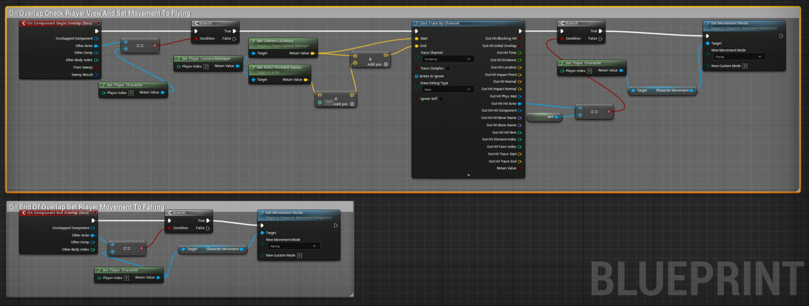 Ladder Blueprint 1: Checks collision and changes movement modes from flying and falling