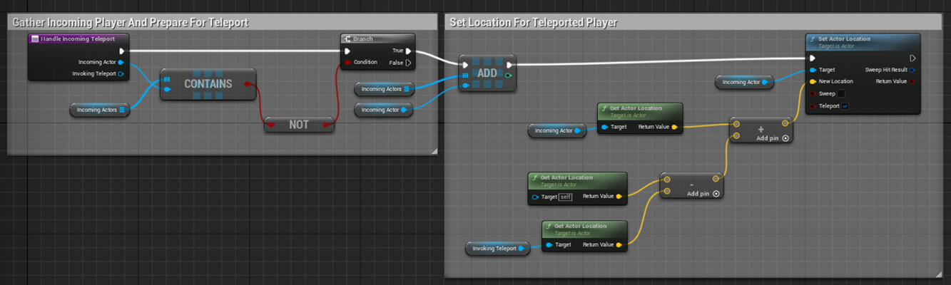 Teleporter Blueprint 3: Gathers player location and handles teleporting players to the set output teleporter