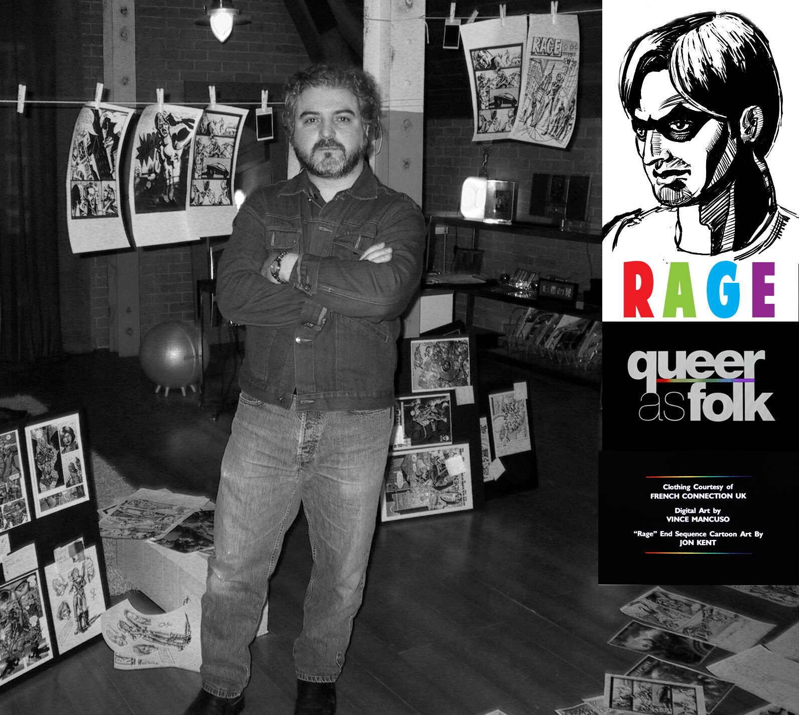 2001, Me on the set of Queer As Folk with my comic book drawings that featured Rage. The character was based around the lead actor Gale Harold who played Brian Kinney in the show. Season 2.