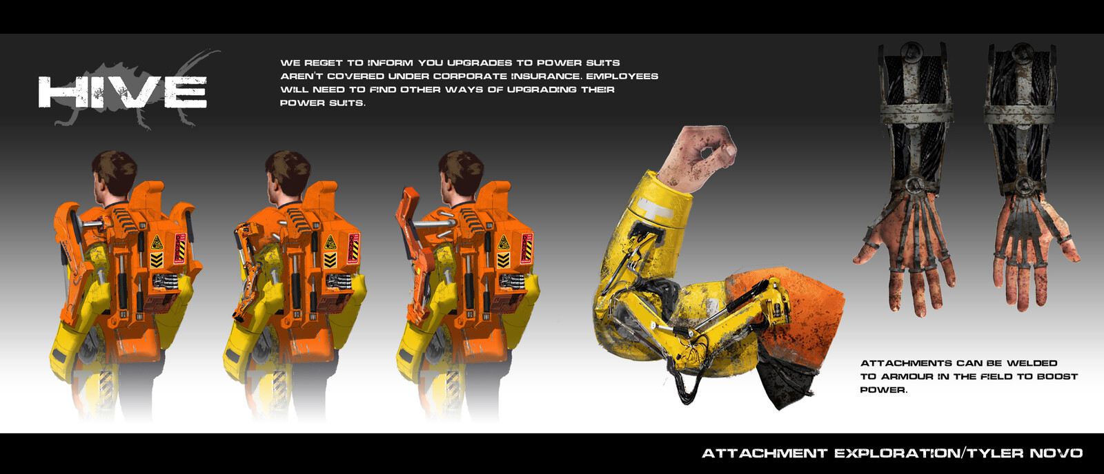 I wanted this to feel like a world where you're always short on credits. A new power suit is more than a blue collared mercenary can afford so you have to resort to short term fixes and attachments.