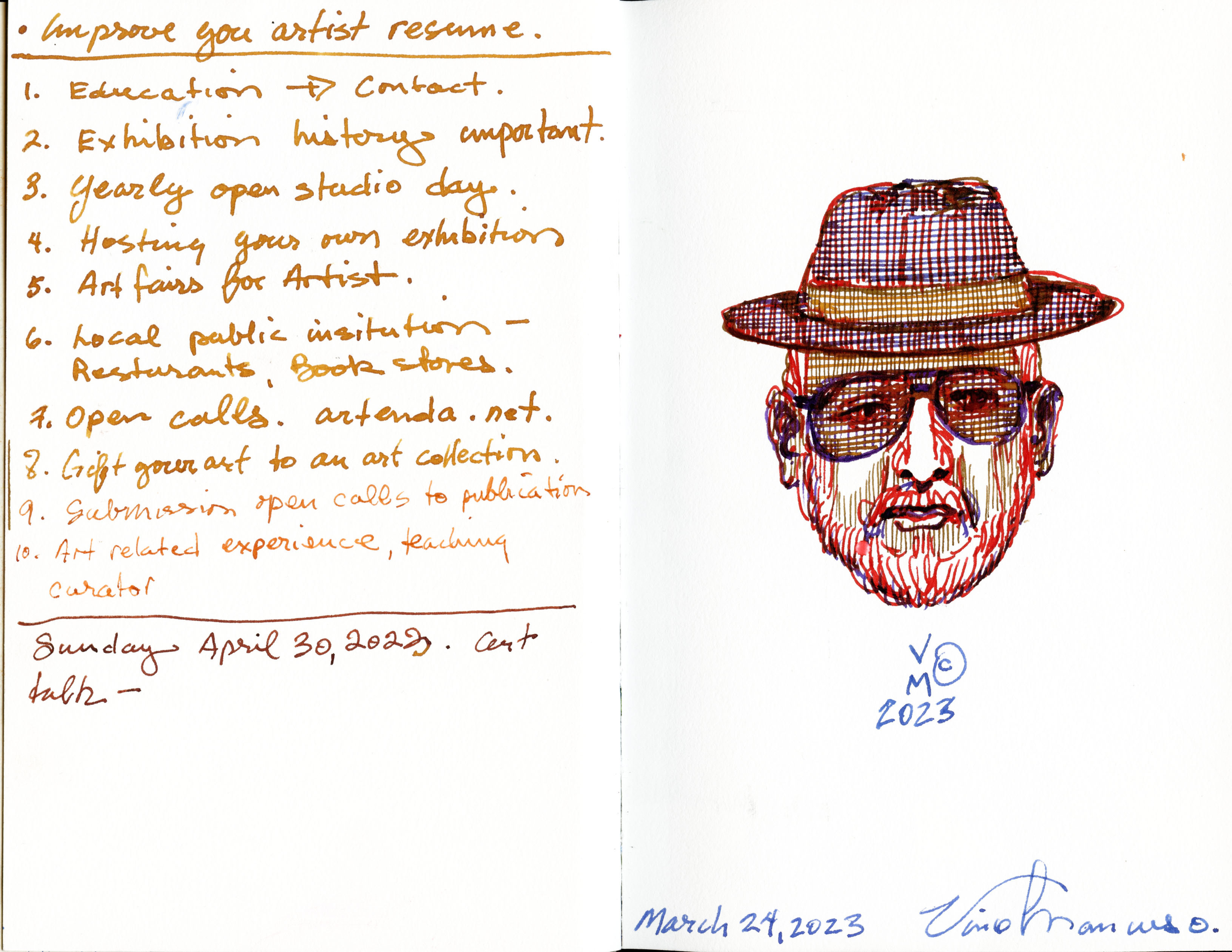 MARCH 24,2023. MY BLACK BOOKS always start with a self portrait done from memory. Double page spread from a  9X6 inch sketchbook. Done with a selection of fountain pen inks and pens.