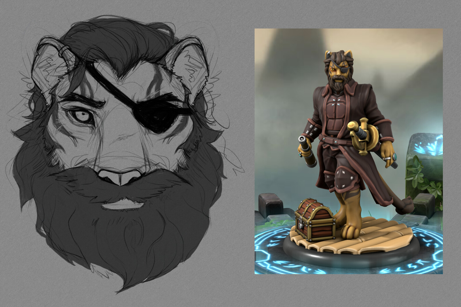 A quick facial feature sketch to get a clear idea of how he should look. A HeroForge model was supplied by the client, so both of these images were used as reference throughout the process.