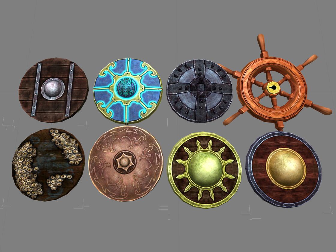 Set of themed shields I designed, modeled, and textured
