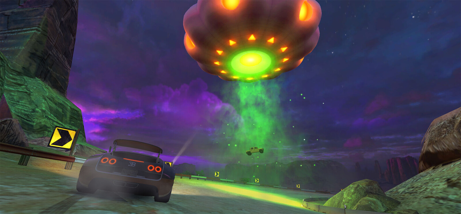 This UFO was intended to be part UFO, part pumpkin to fit in with the Halloween theme. It's not super obvious but that was the idea, to have it linked to the event but not in a way that was weird. We thought a floating pumpkin may have been a bit much.