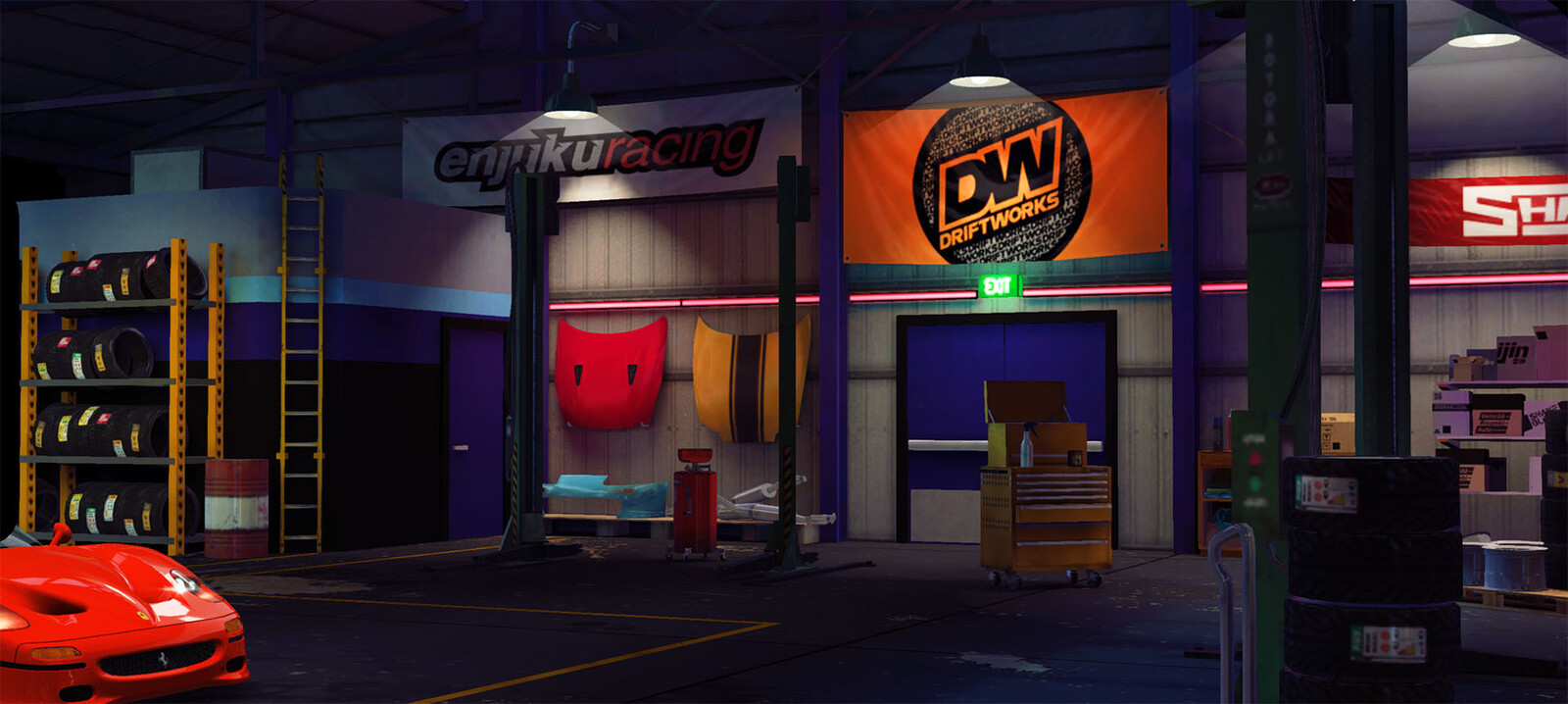 Car parts, car lifts and whatnot.