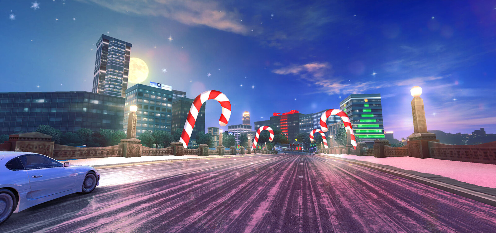 Giant inner lit candy canes added to the Xmas vibes.