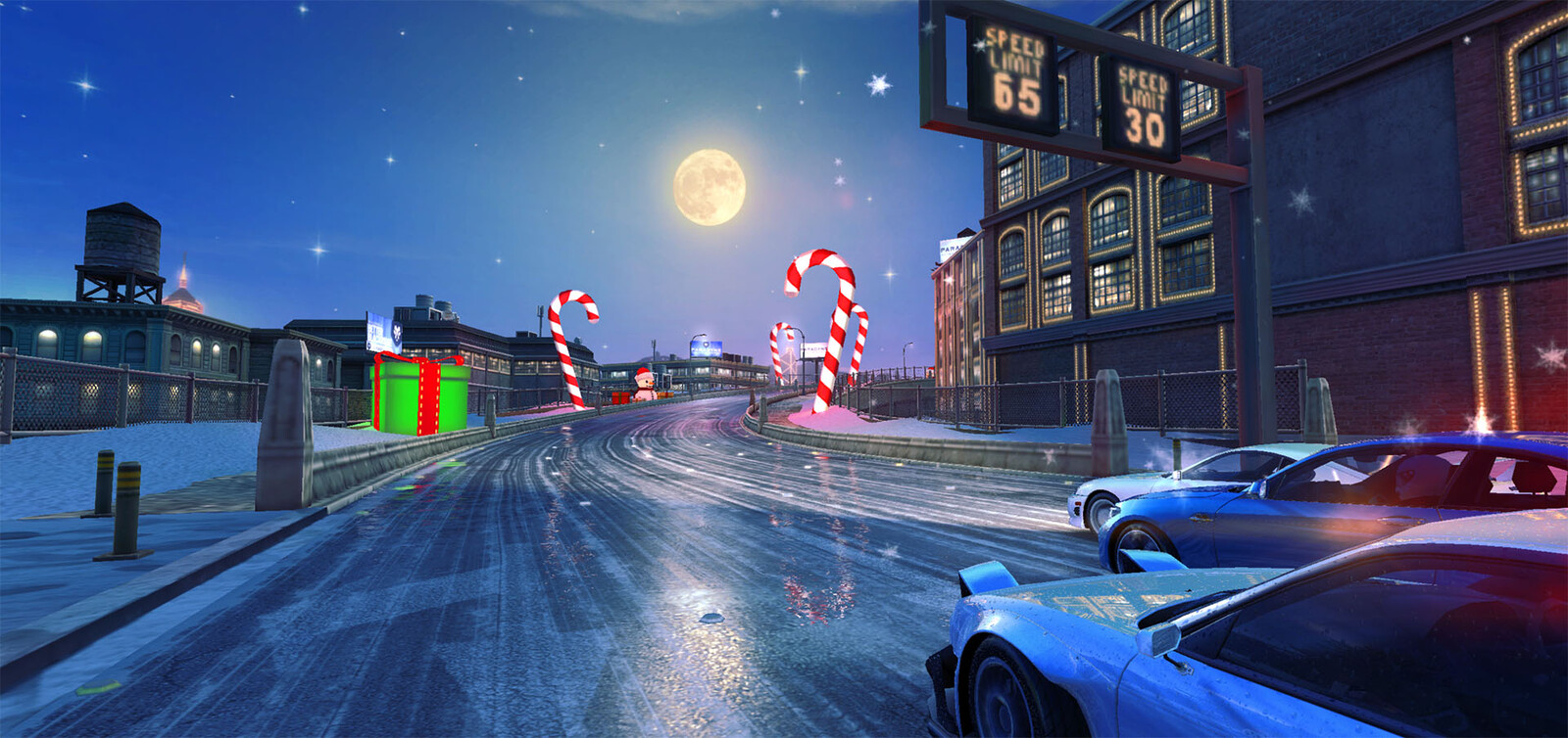 I also added snow tracks to the road surface texture to sell the theme.