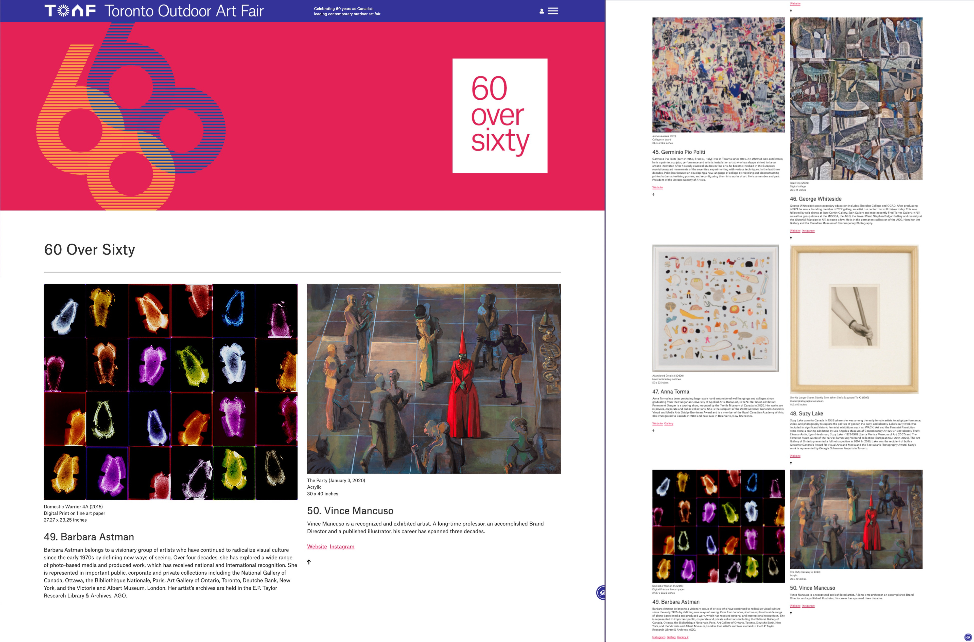 2021, TORONTO OUTDOOR ART FAIR, is celebrating 60 years of launching artist's careers. For this milestone event, TOAF presents a curated showcase of 400 artists across Canada.