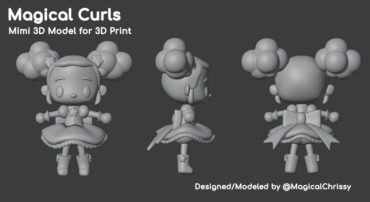 3D wireframe and model for Mimi. I didn't worry about polys because it was ultimately for 3D printing and would be quite small. Created in Blender.