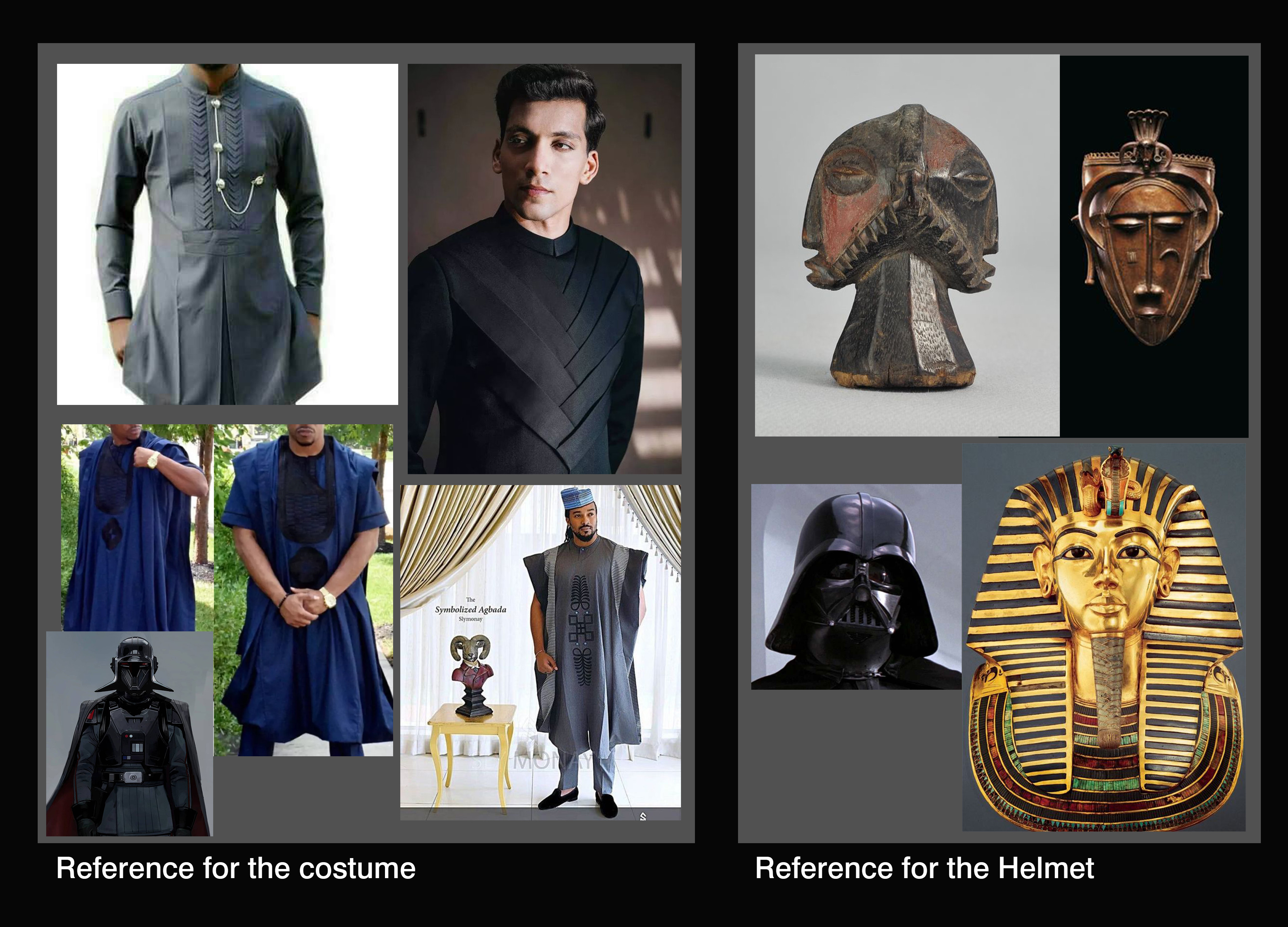 ref board : The helmet is inspired by  african mark and the costume by african culture too. 