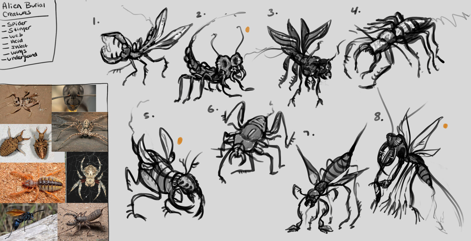 Quick thumbnail sketches of the spider-Alien creatures that bury underground. I also wanted to give them a way to fly. 
