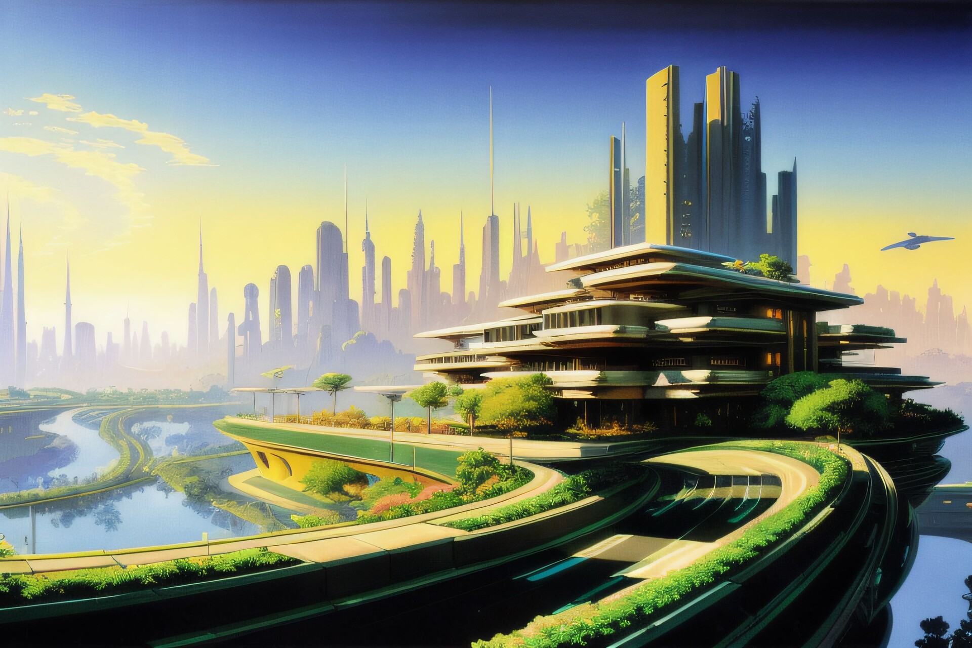 ArtStation AI Utopian cityscape with lush gardens and eco friendly