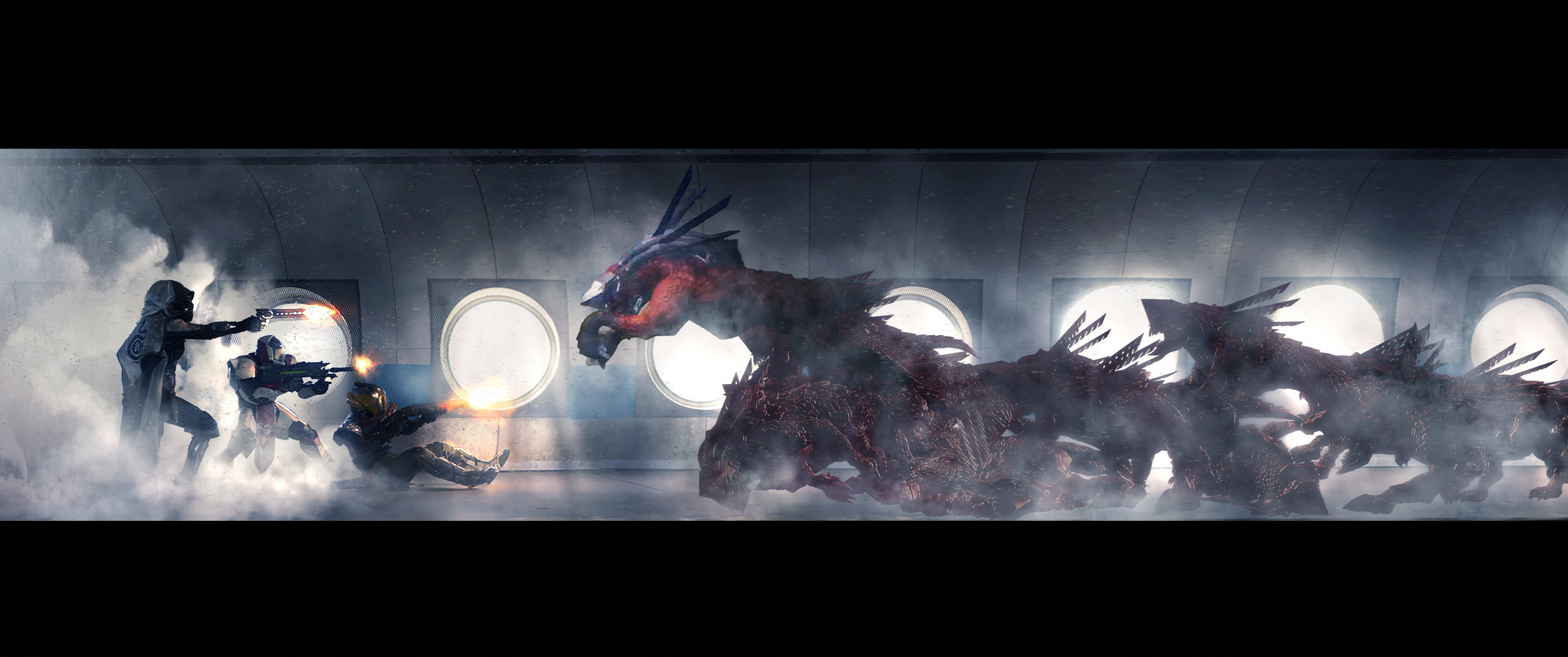 Concept Art - the beasts depicted were Zbrush models without textures, so I painted details only on the leading beast and used silhouettes for the rest against the window light to save time.