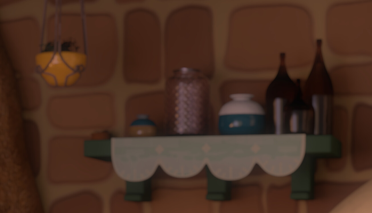 I surfaced many of the bottles and vases, as well as fine-tuned the glass materials in Renderman for Maya
